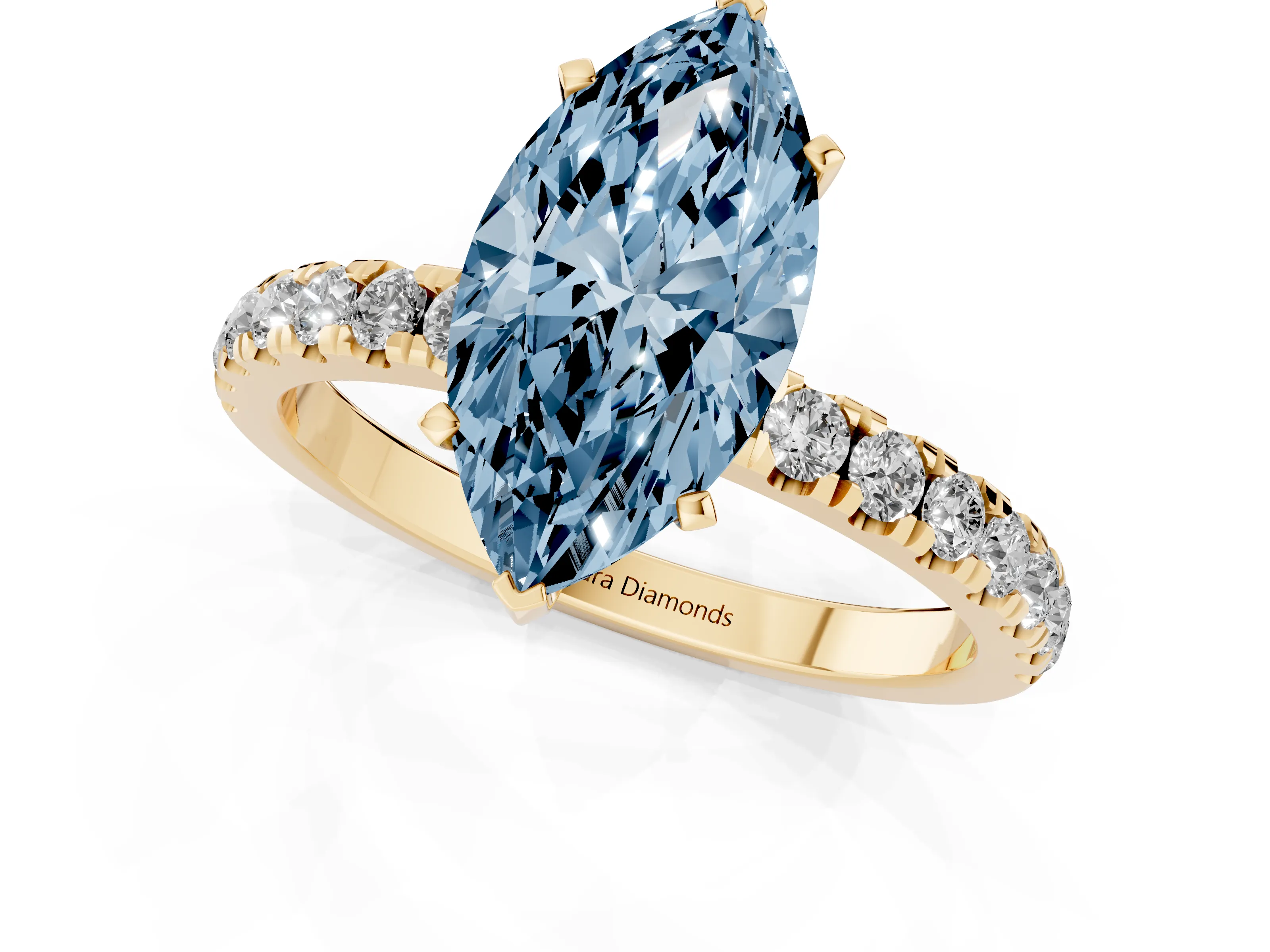 Fancy Blue Marquise Cut Diamond Solitaire Ring Set in Yellow gold with Pavé Accents and Prong Setting