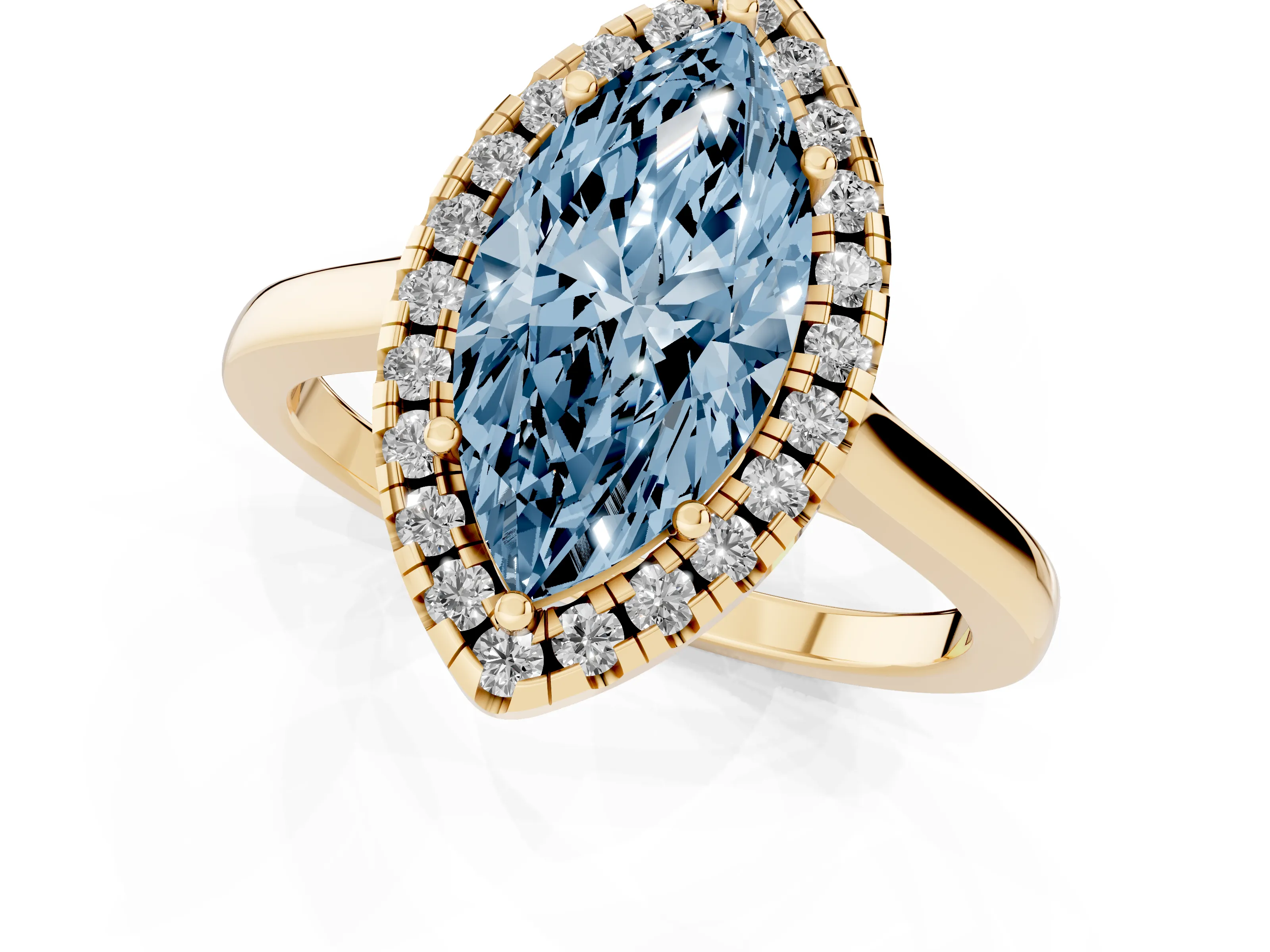 Fancy Blue Marquise Cut Halo Round Diamond Solitaire Ring Set in Yellow gold with Pavé Band and Prong Setting