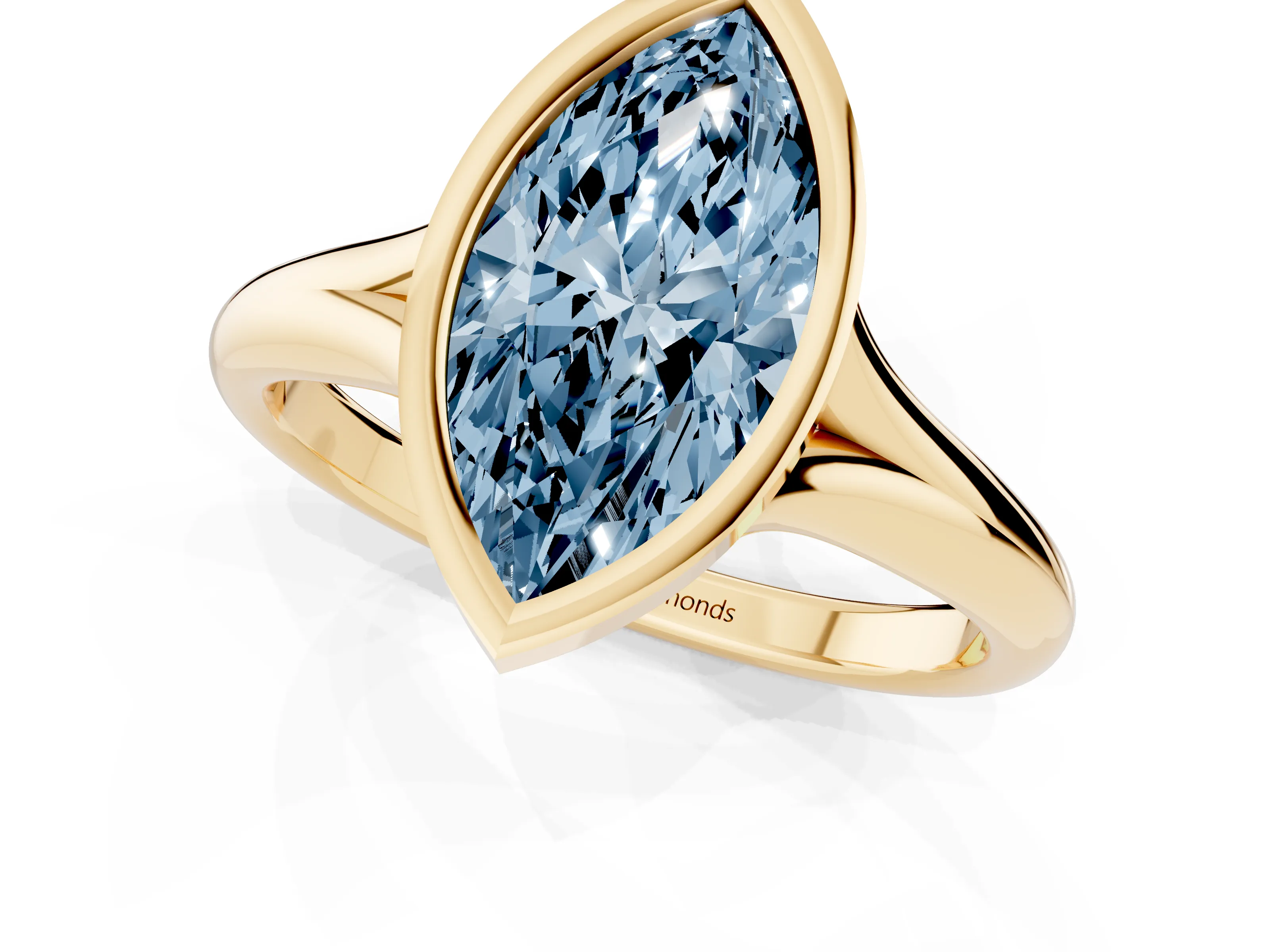 Fancy Blue Bezel Set Marquise Cut Diamond Solitaire Ring Set in Yellow gold with Smooth Band