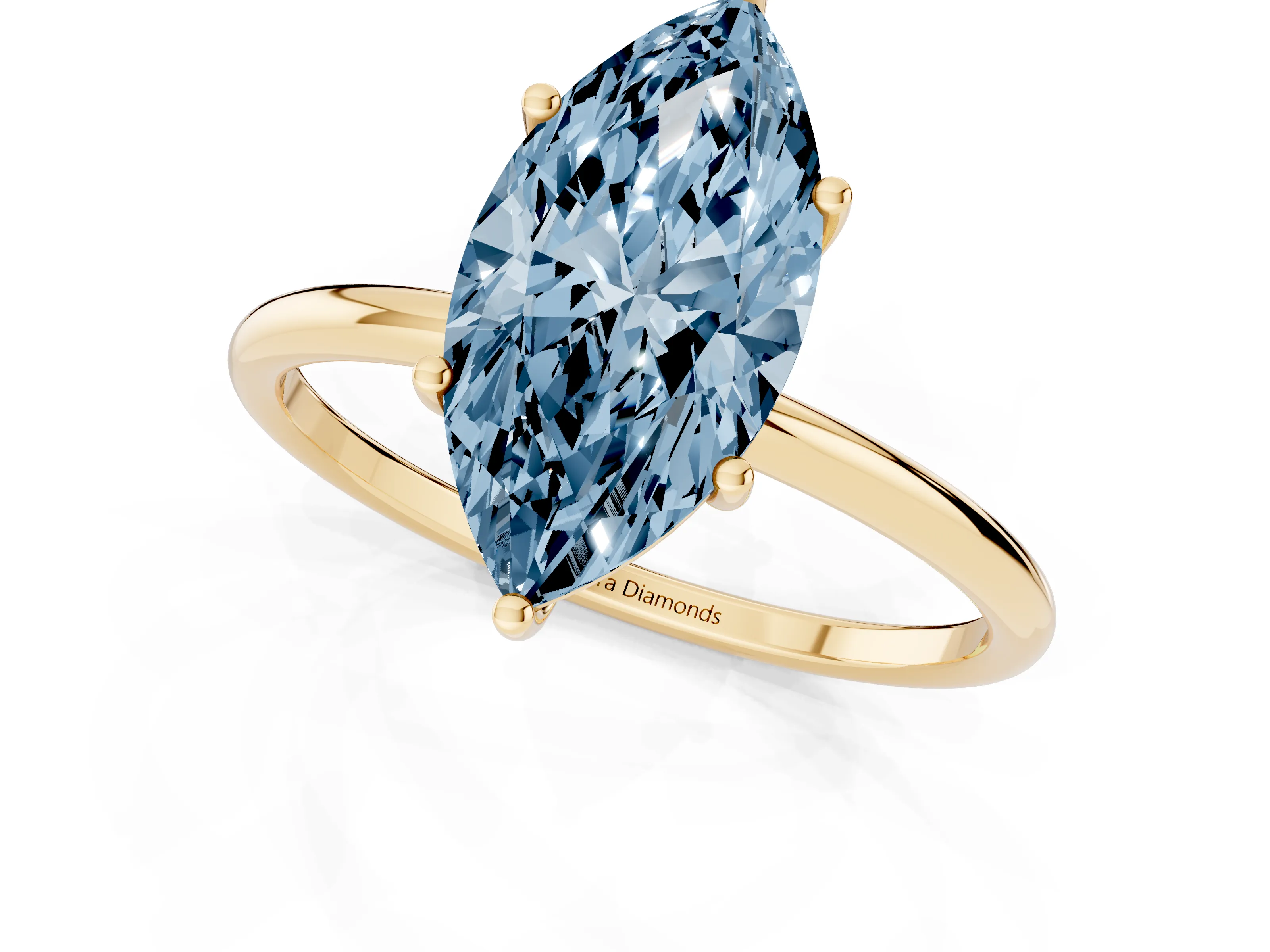 Fancy Blue Marquise Cut Diamond Solitaire Engagement Ring Set in Yellow gold with Thin Band and Prong Setting