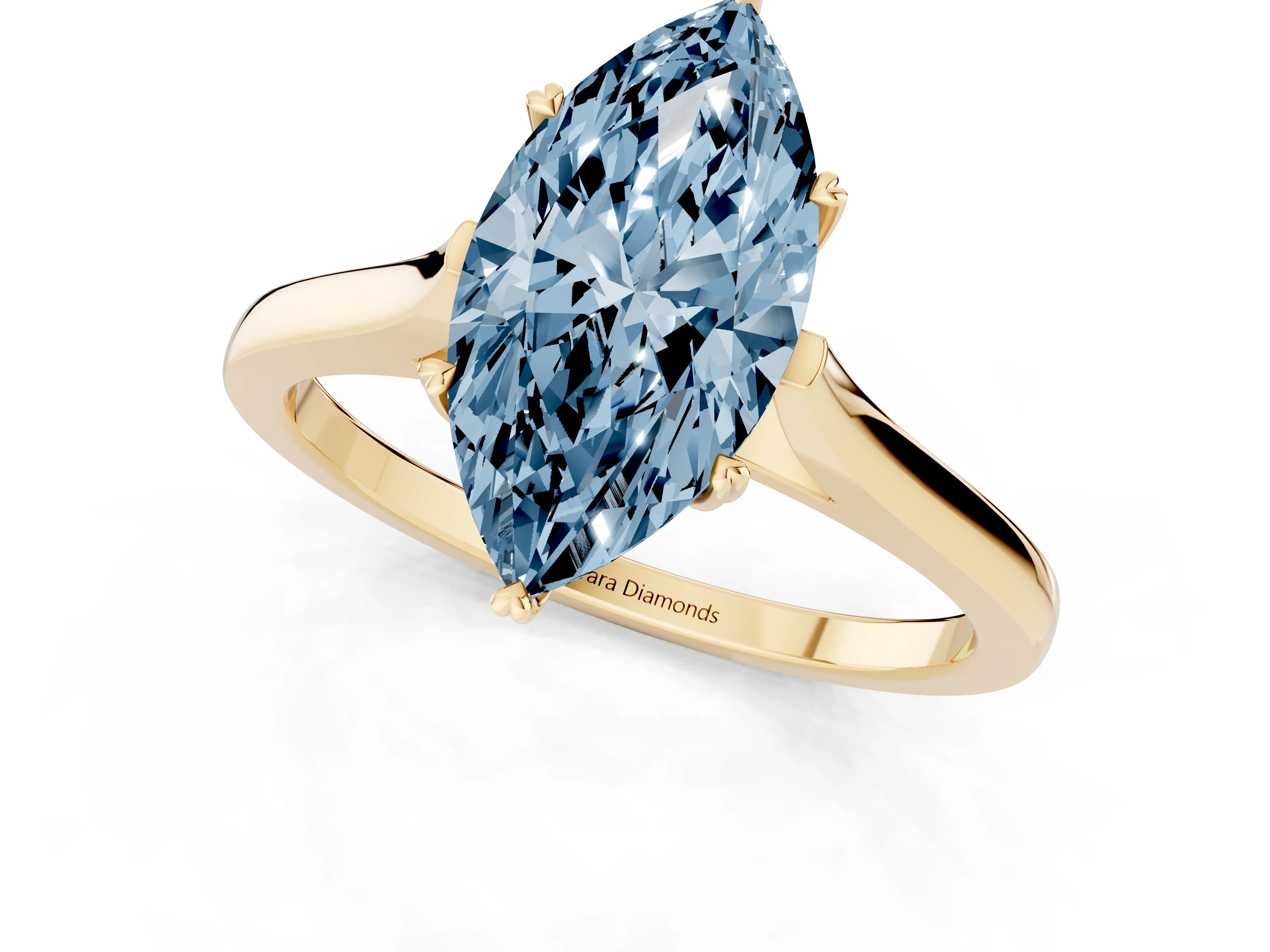 Fancy Blue Marquise Cut Diamond Solitaire Heart Prong Engagement Ring Set in Yellow gold with Tapered Band