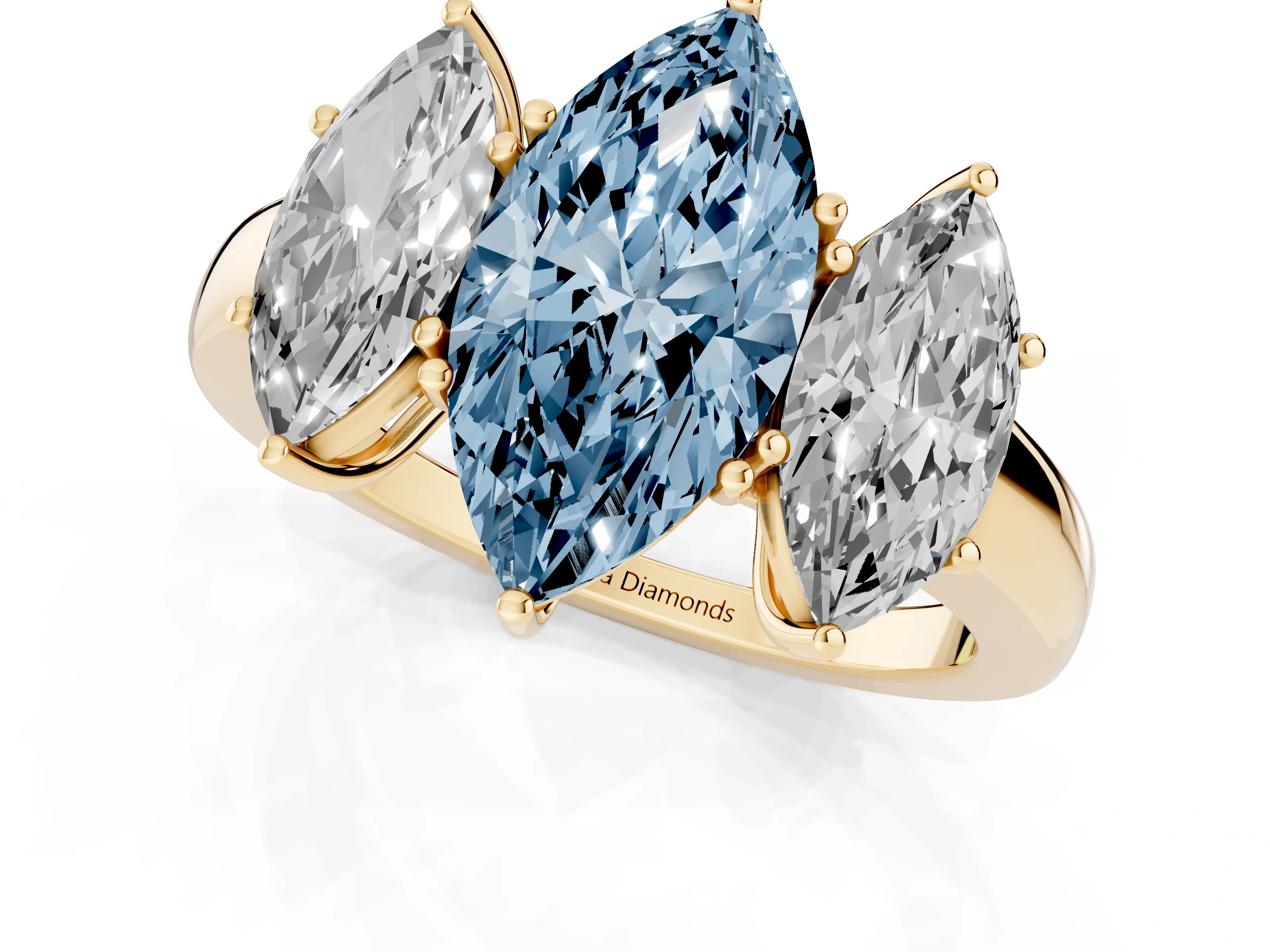 Fancy Blue Marquise Cut Diamond Three-Stone Ring Set in Yellow gold with Bold Center and Classic Band