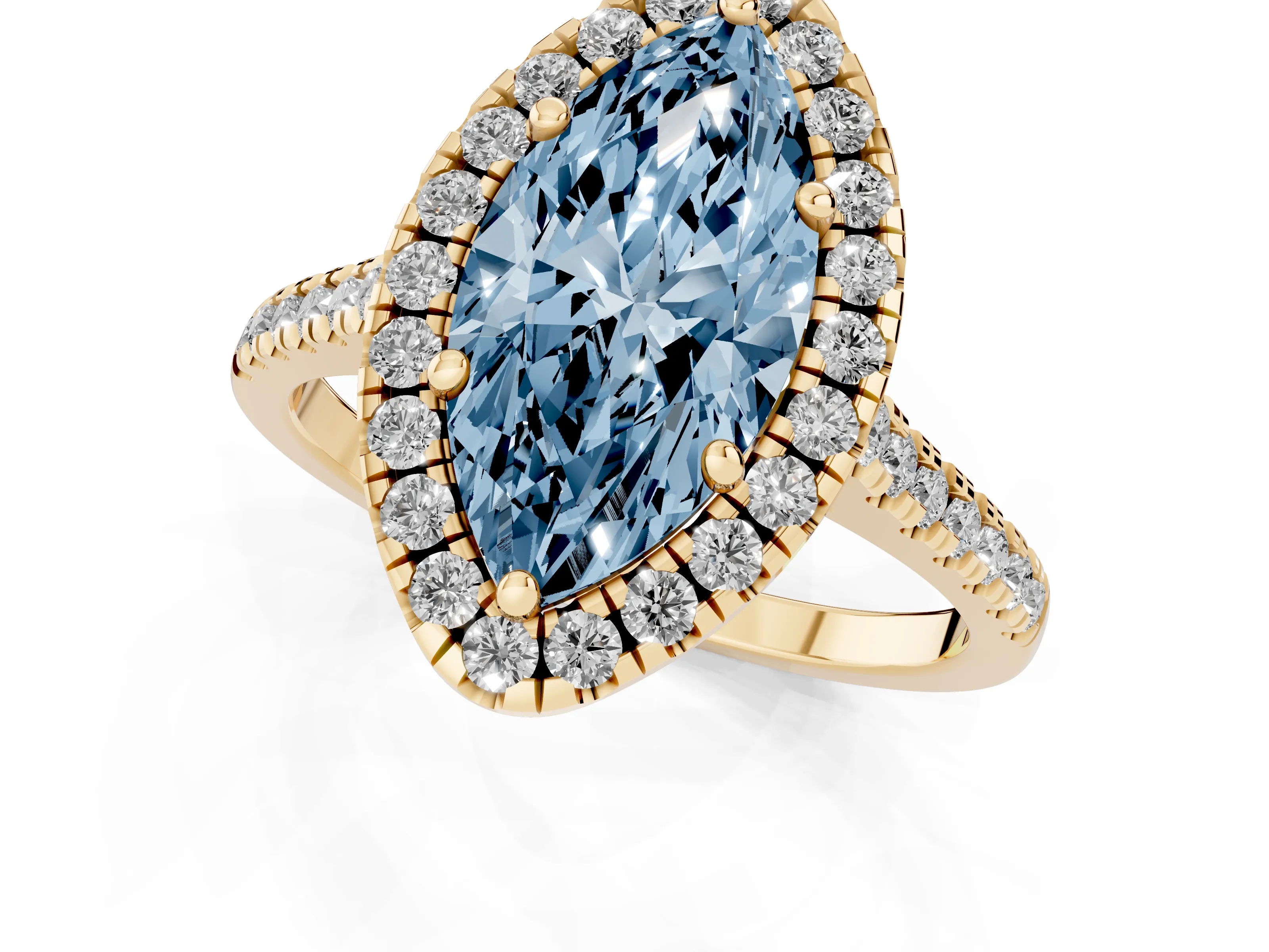 Fancy Blue Marquise Cut Diamond Cushion Halo Ring Set in Yellow gold with Pavé Band