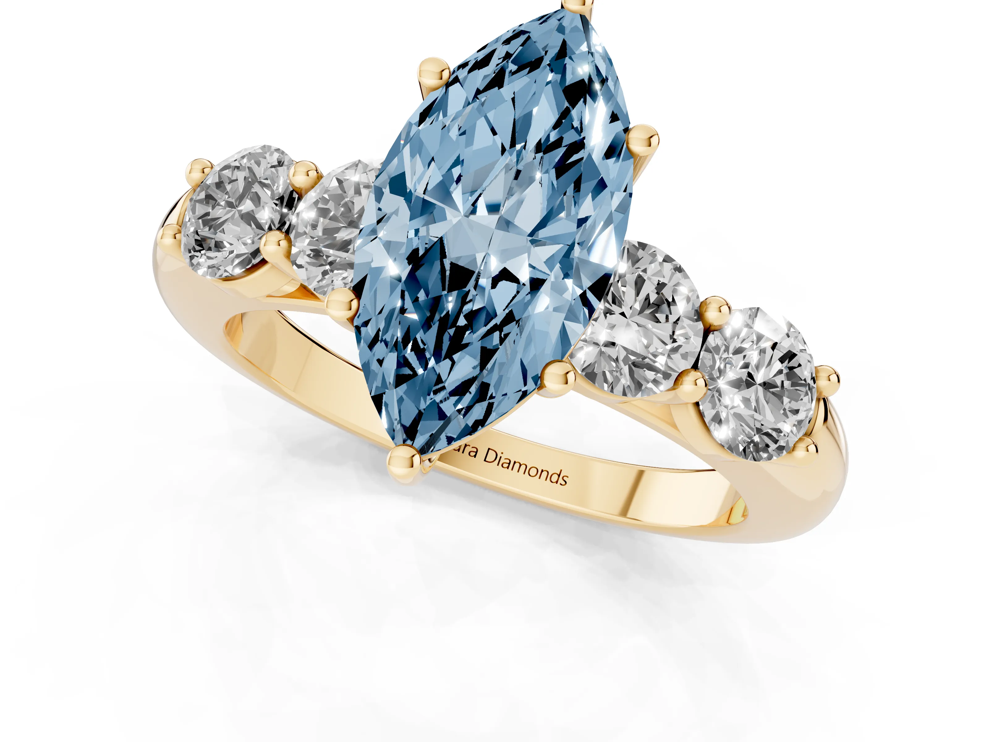 Fancy Blue Marquise Cut Diamond Five-Stone Prong Set Ring Set in Yellow gold with Classic Band