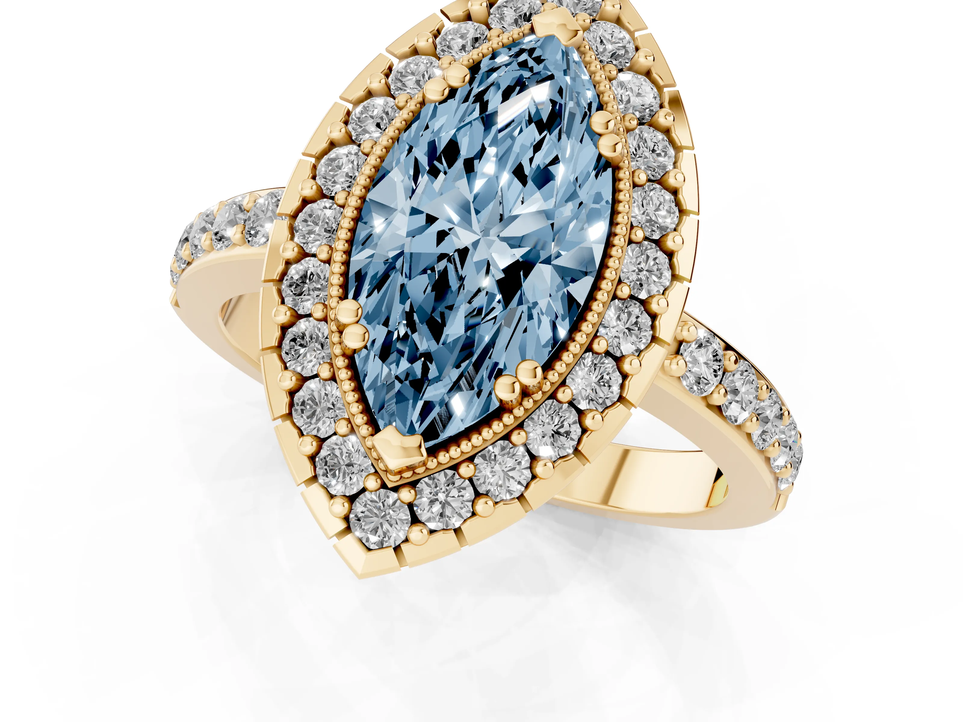 Fancy Blue Marquise Cut Diamond Halo Ring Set in Yellow gold with Pavé Shank and Prong Setting