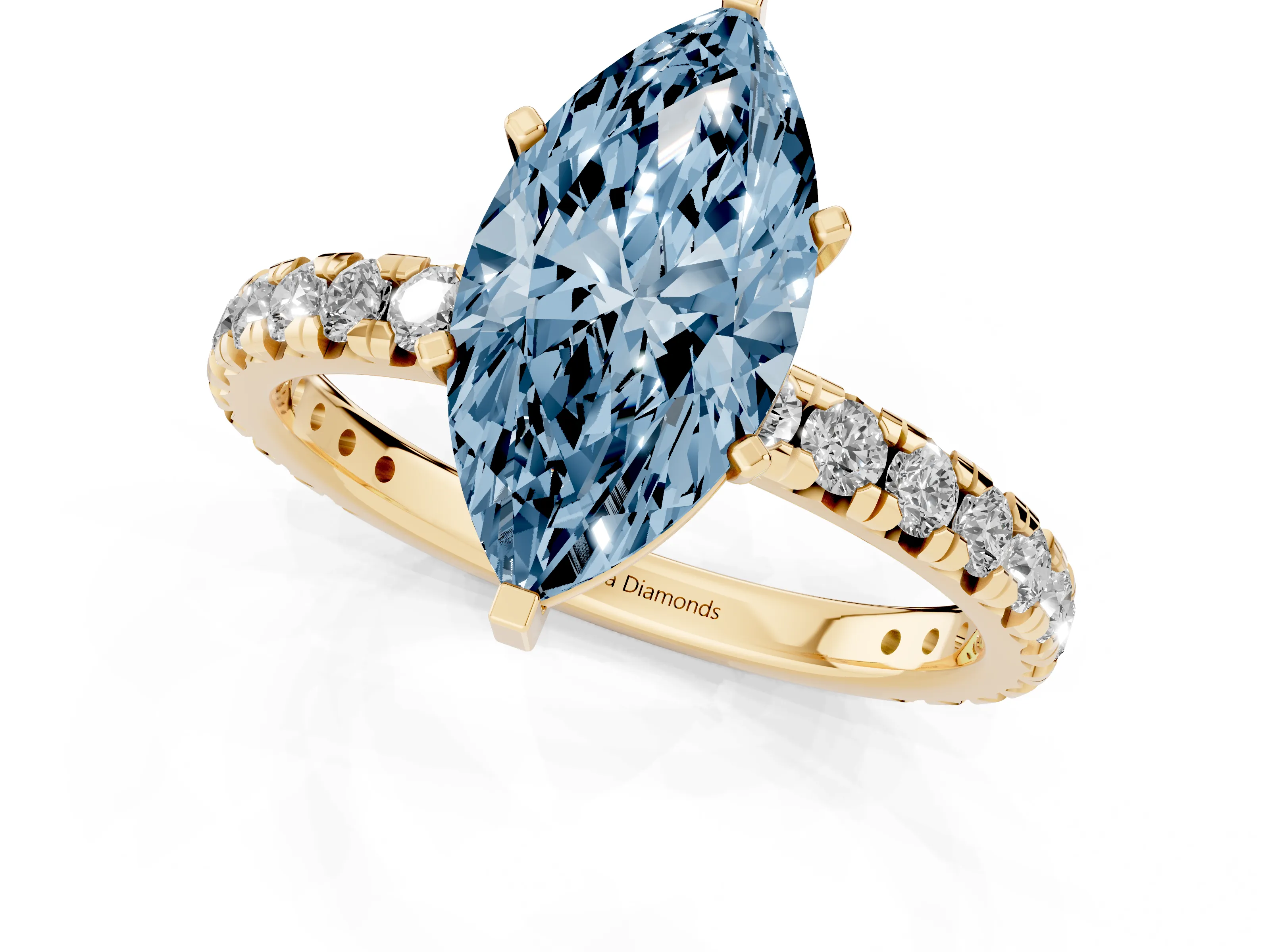 Fancy Blue Marquise Cut Diamond Pavé Solitaire Ring Set in Yellow gold with Round Band and Prong Setting – second view