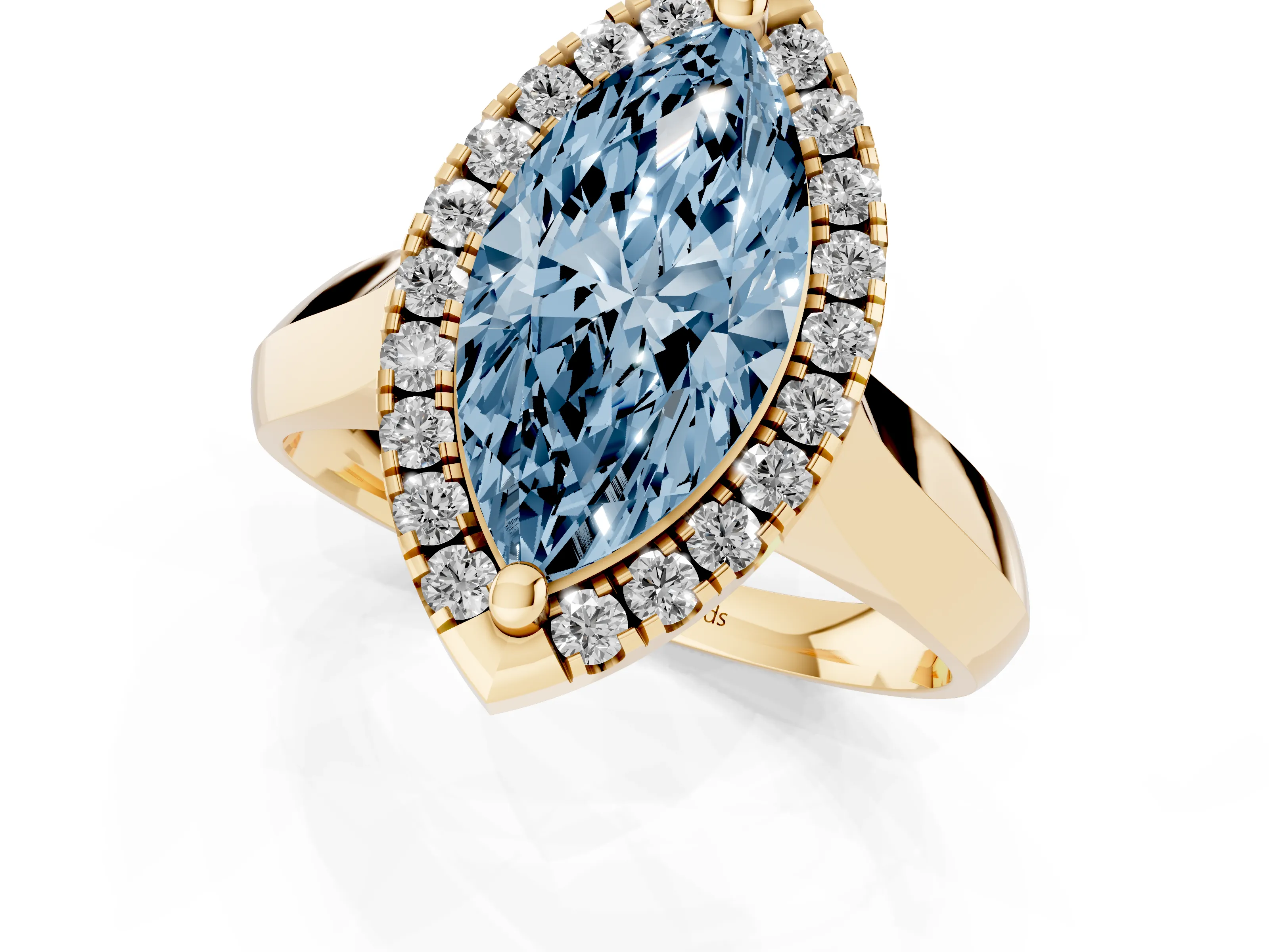 Fancy Blue Marquise Cut Diamond Halo Solitaire Engagement Ring Set in Yellow gold with Square Band and Prong Setting