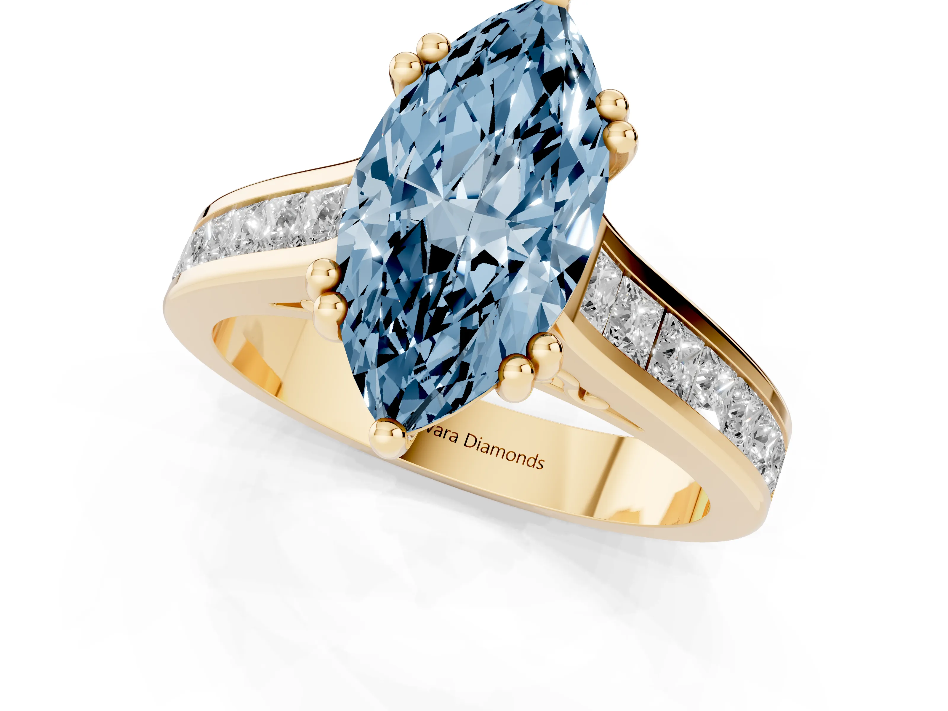 Fancy Blue Marquise Cut Diamond Channel Set Solitaire Engagement Ring Set in Yellow gold with Prong Setting