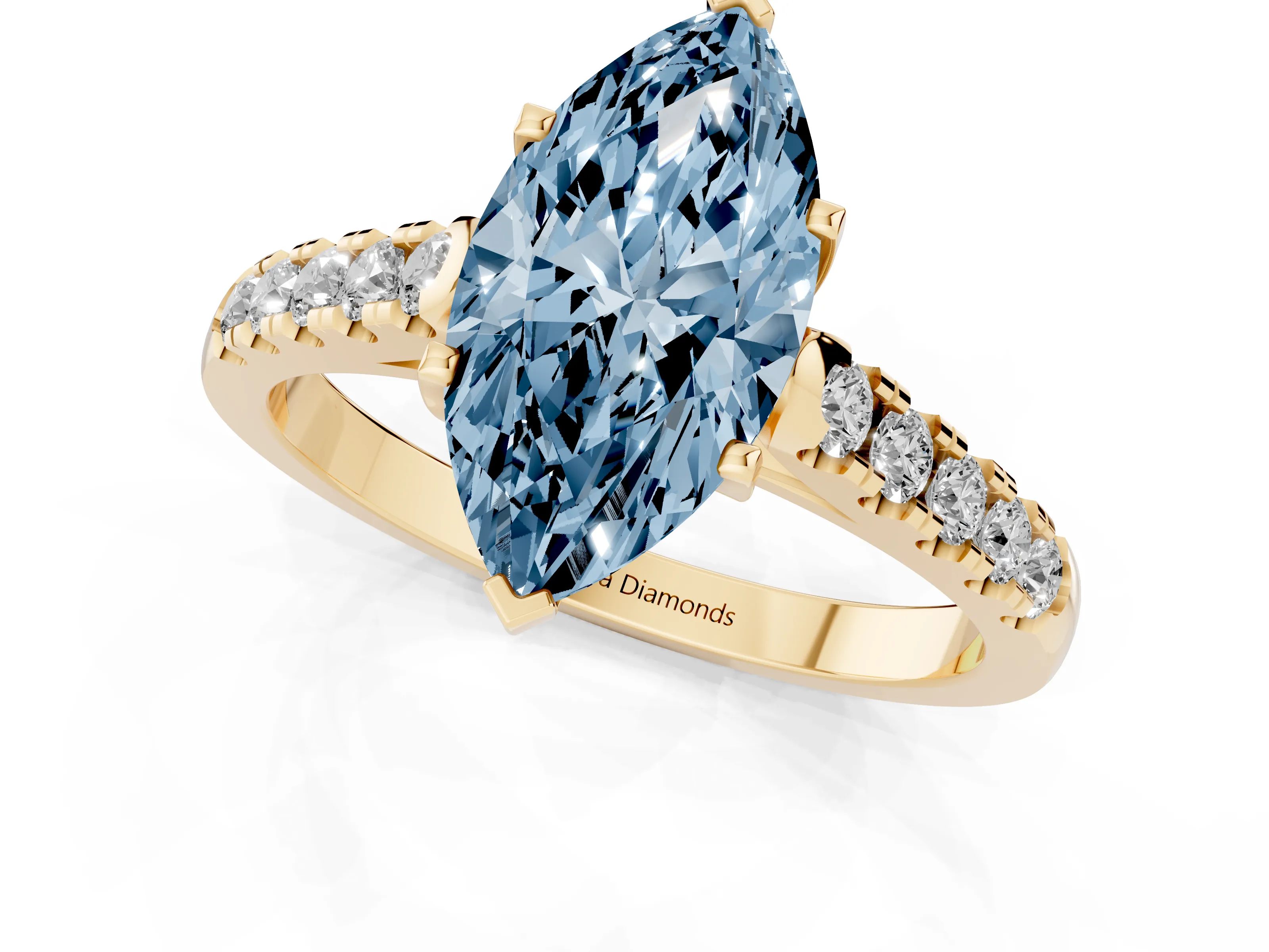 Fancy Blue Marquise Cut Diamond Pavé Band Solitaire Ring Set in Yellow gold with Partway Accent Stones and Prong Setting – second view