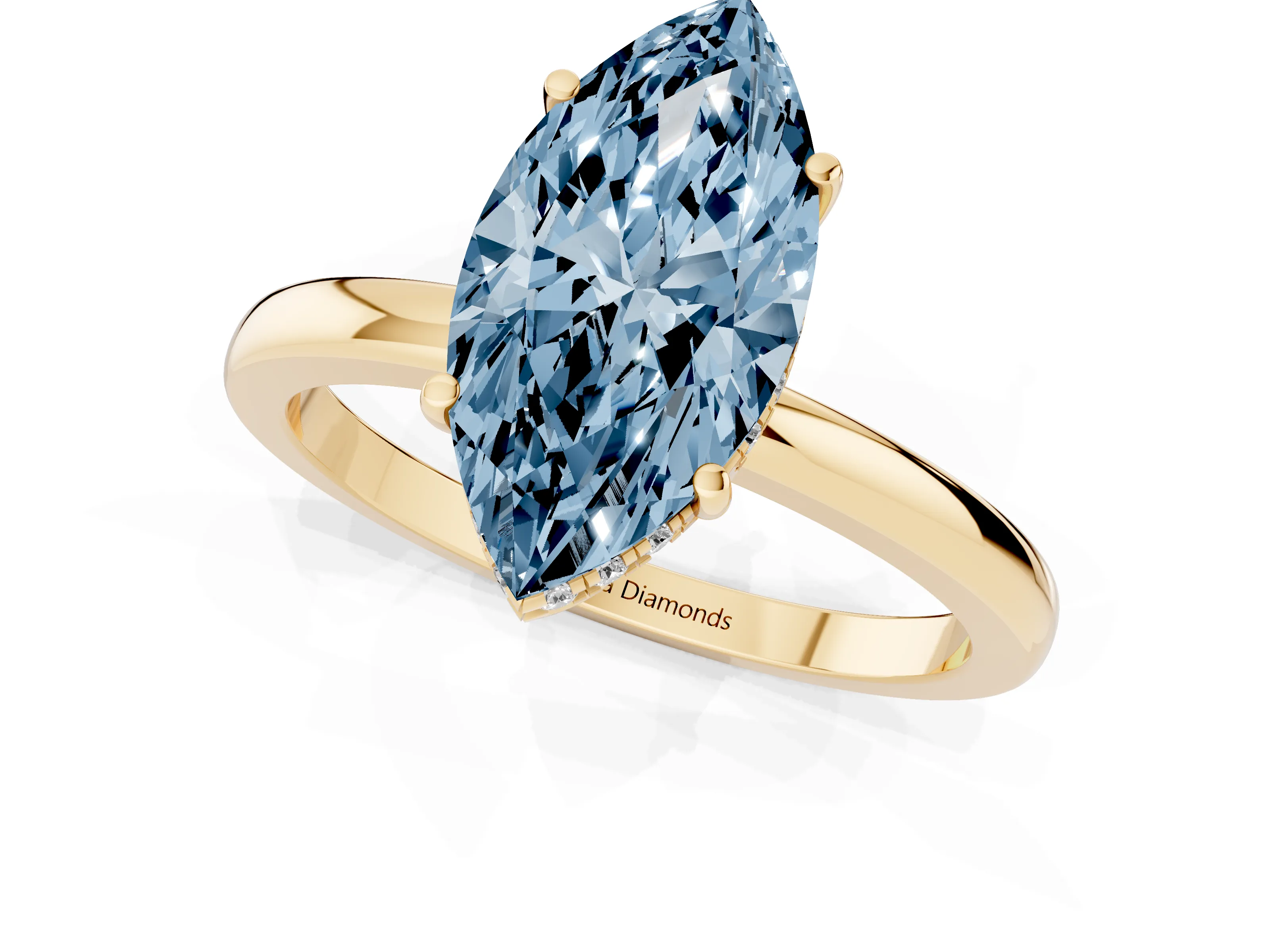 Fancy Blue Marquise Cut Diamond Solitaire Ring Set in Yellow gold with Plain Band and Prong Setting