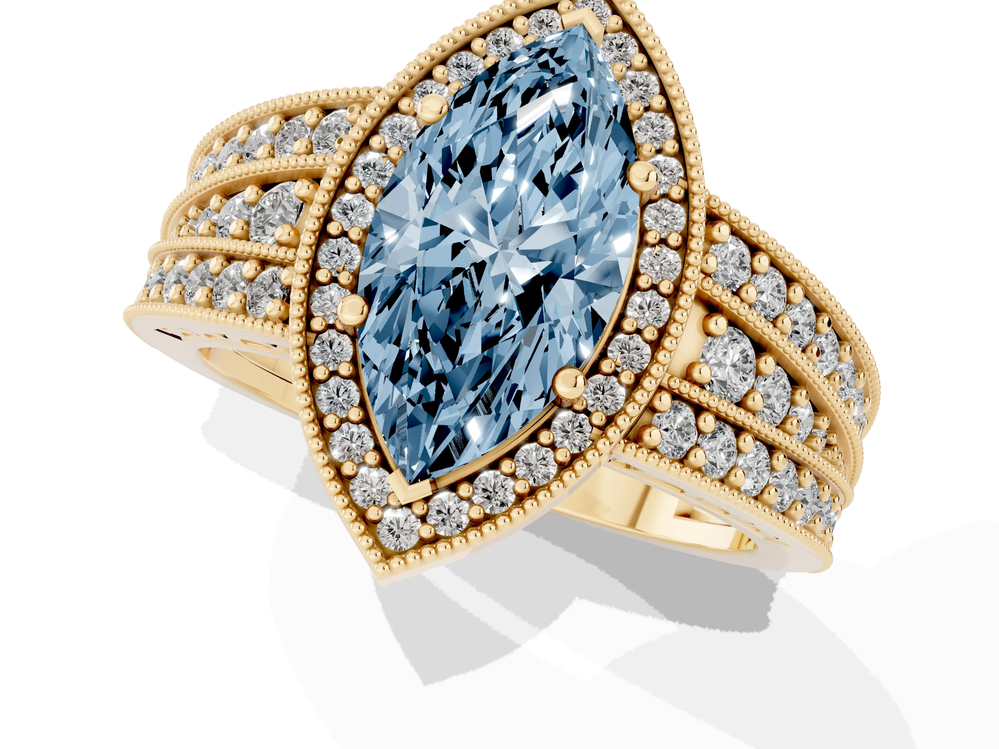 Fancy Blue Marquise Cut Diamond Halo Ring Set in Yellow gold with Accent Split Shank and Prong Setting