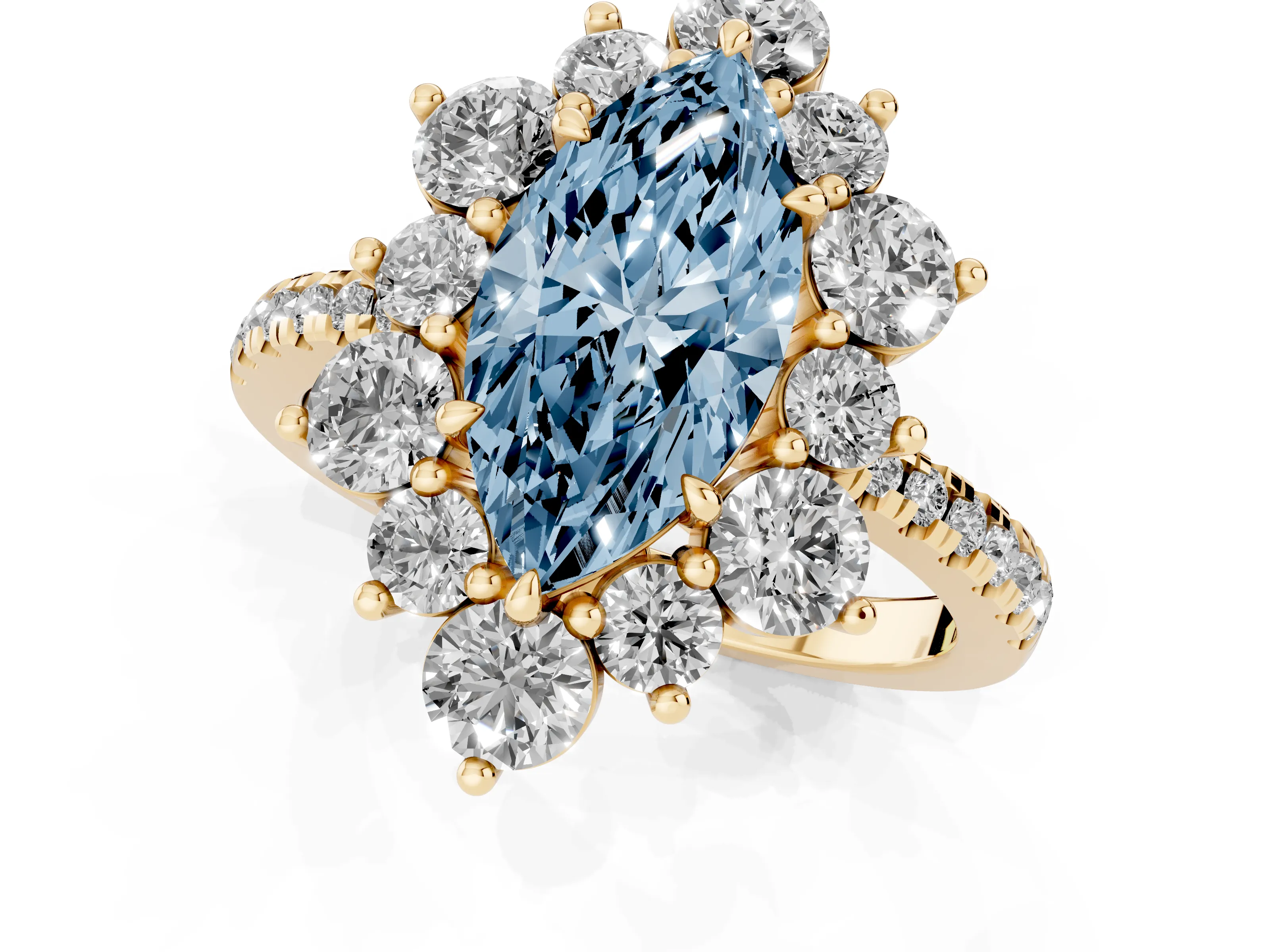 Fancy Blue Marquise Cut Diamond Floral Halo Ring Set in Yellow gold with Round Pavé Band and Prong Setting