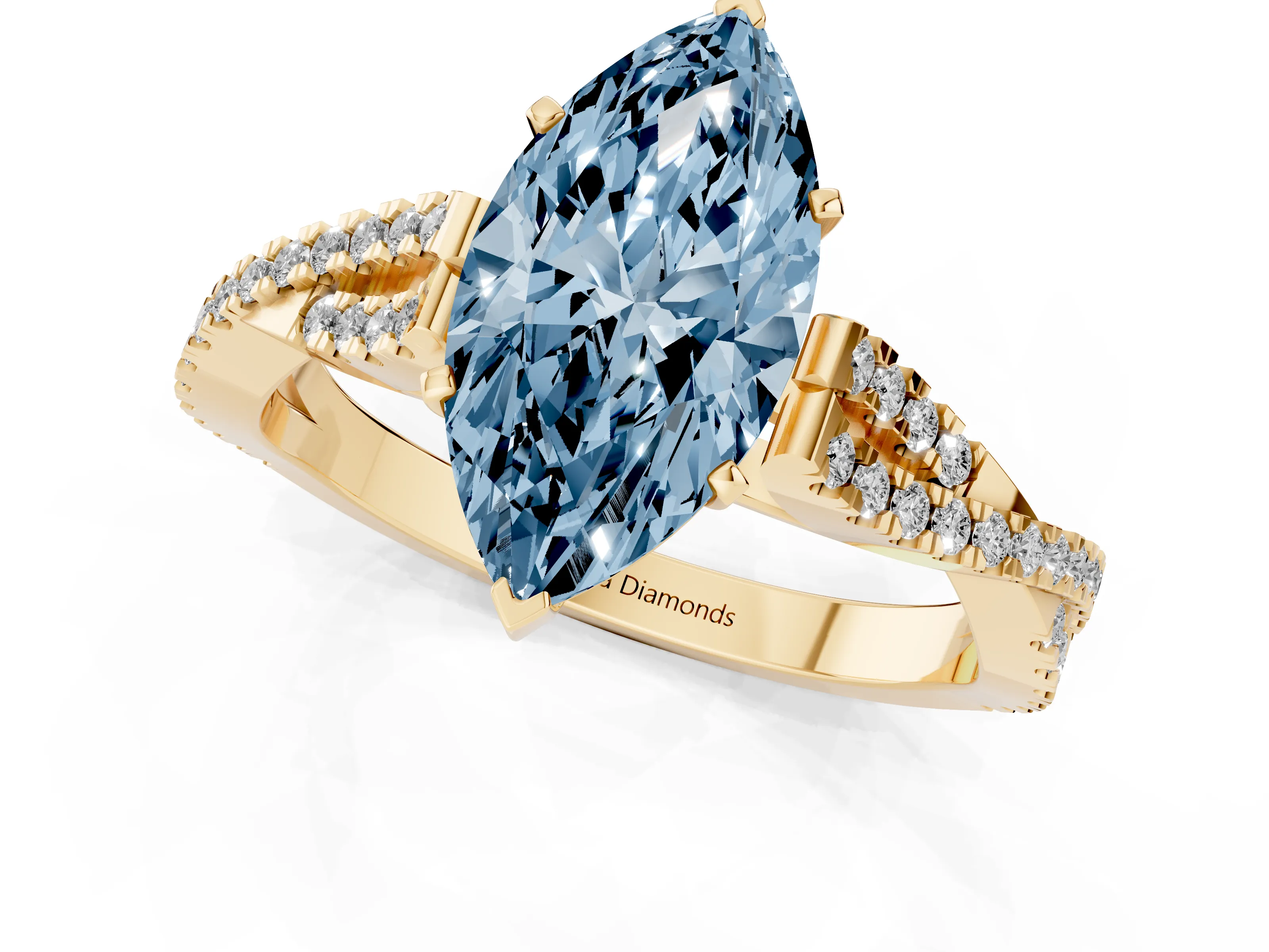 Fancy Blue Marquise Cut Diamond Solitaire Engagement Ring Set in Yellow gold with Twisted Pavé Band and Prong Setting