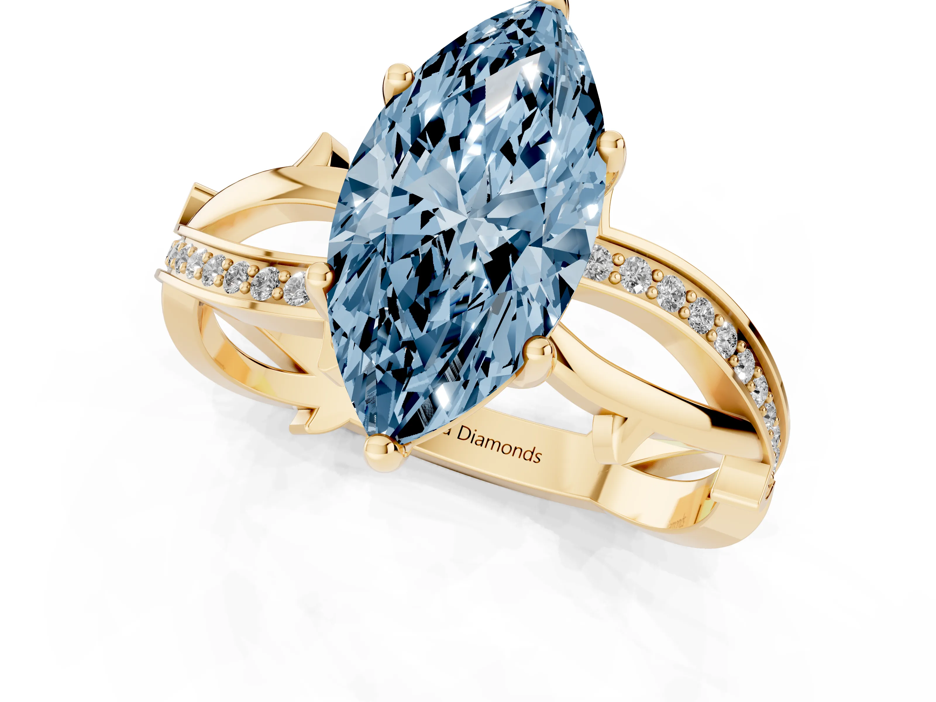 Fancy Blue Marquise Cut Diamond Pavé Twist Band Solitaire Ring Set in Yellow gold with Prong Setting