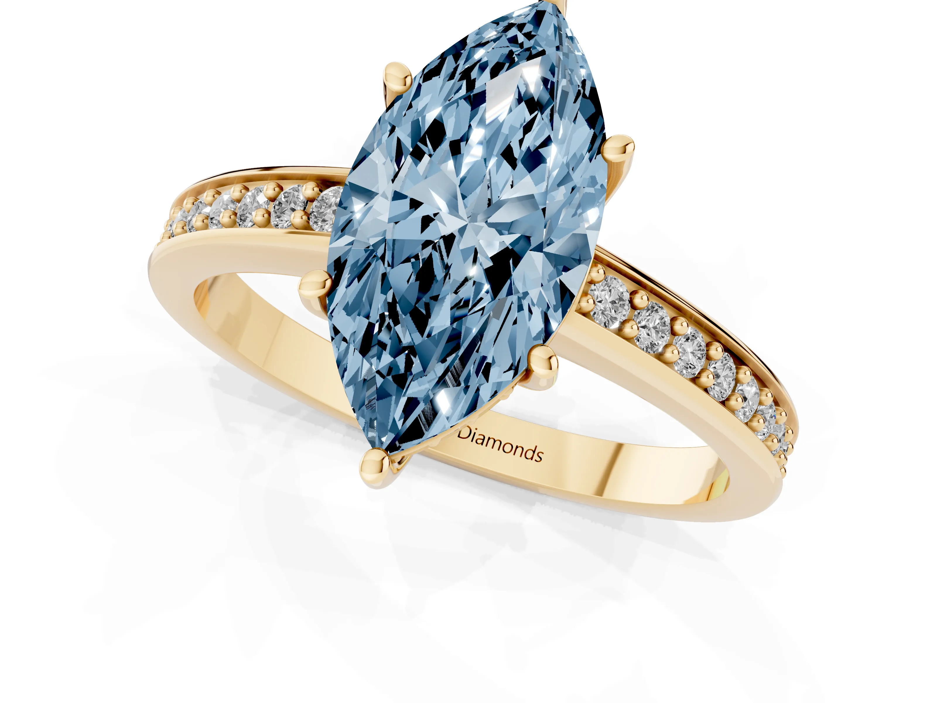 Fancy Blue Marquise Cut Diamond Pavé Band Prong Set Solitaire Ring Set in Yellow gold