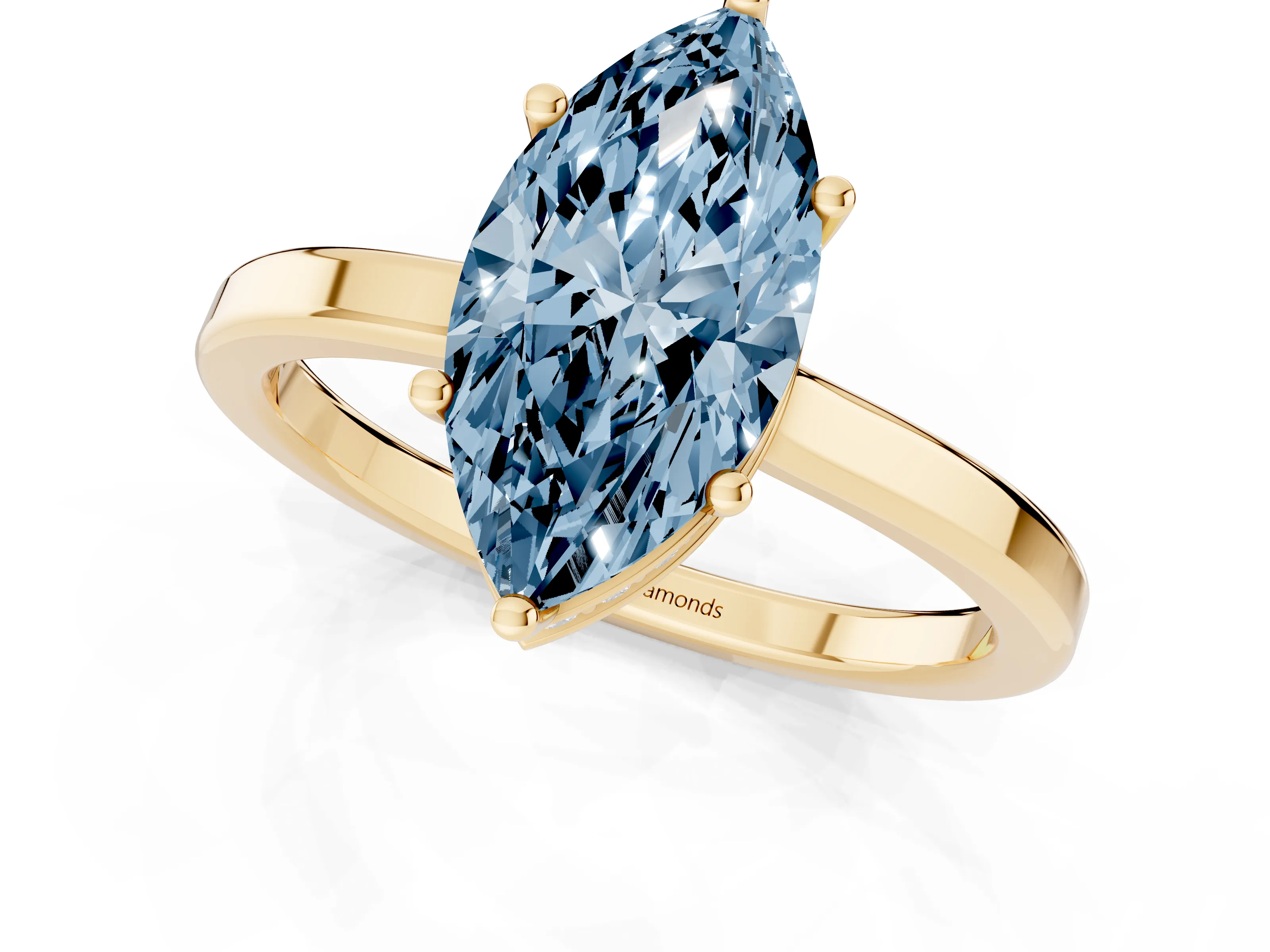 Fancy Blue Marquise Cut Diamond Solitaire Engagement Ring Set in Yellow gold with Prong Setting on a Plain Band
