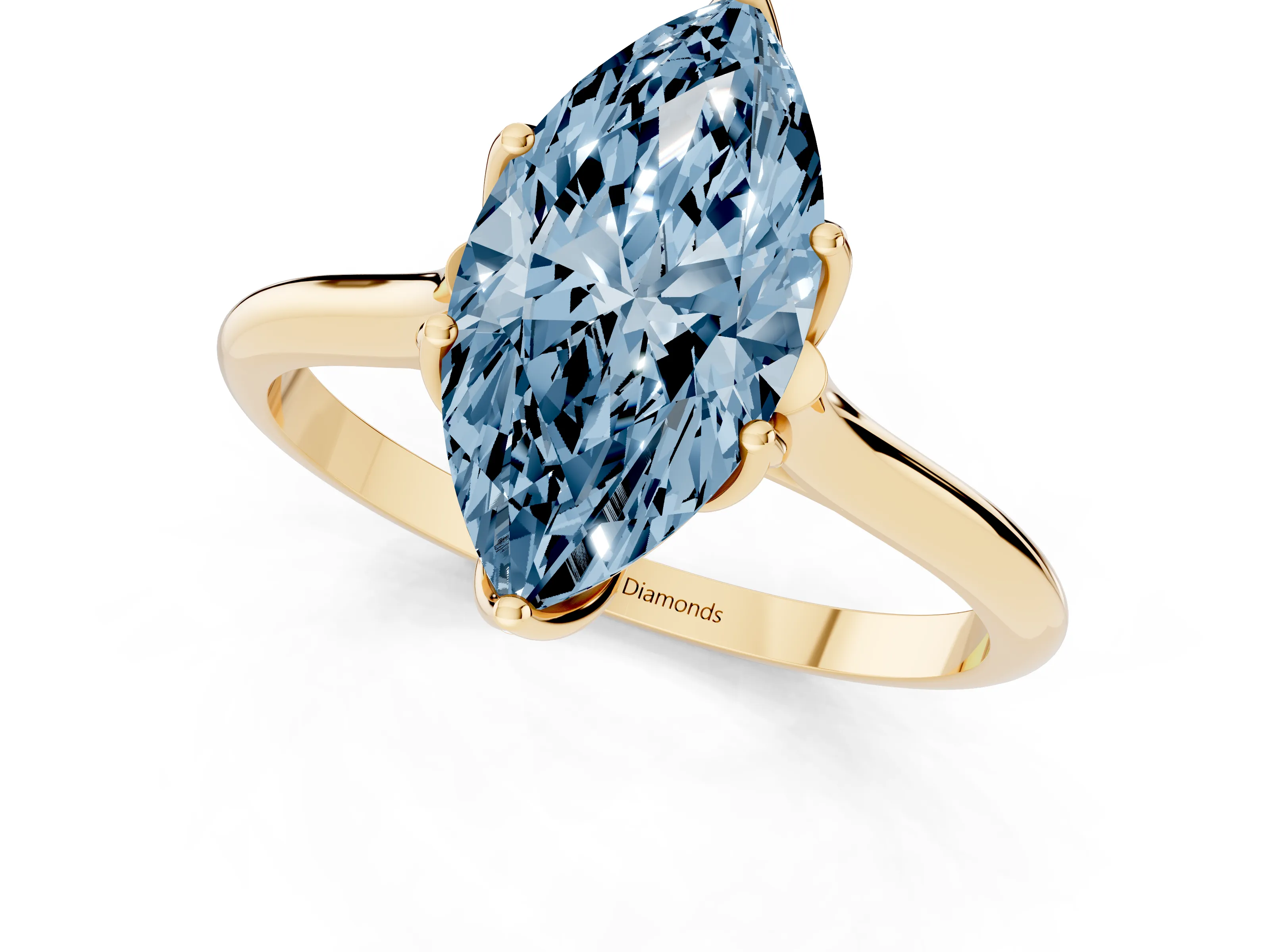 Fancy Blue Marquise Cut Diamond Solitaire Cathedral Ring Set in Yellow gold with Prong Setting