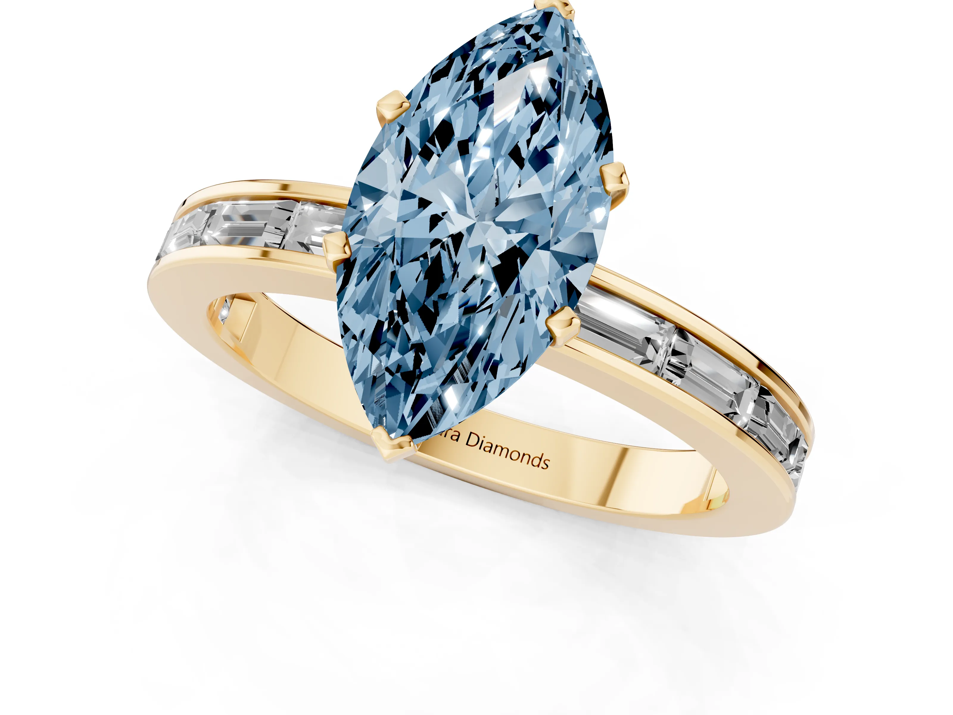 Fancy Blue Marquise Cut Diamond Solitaire Ring Set in Yellow gold with Channel-Set Baguette Band and Prong Setting