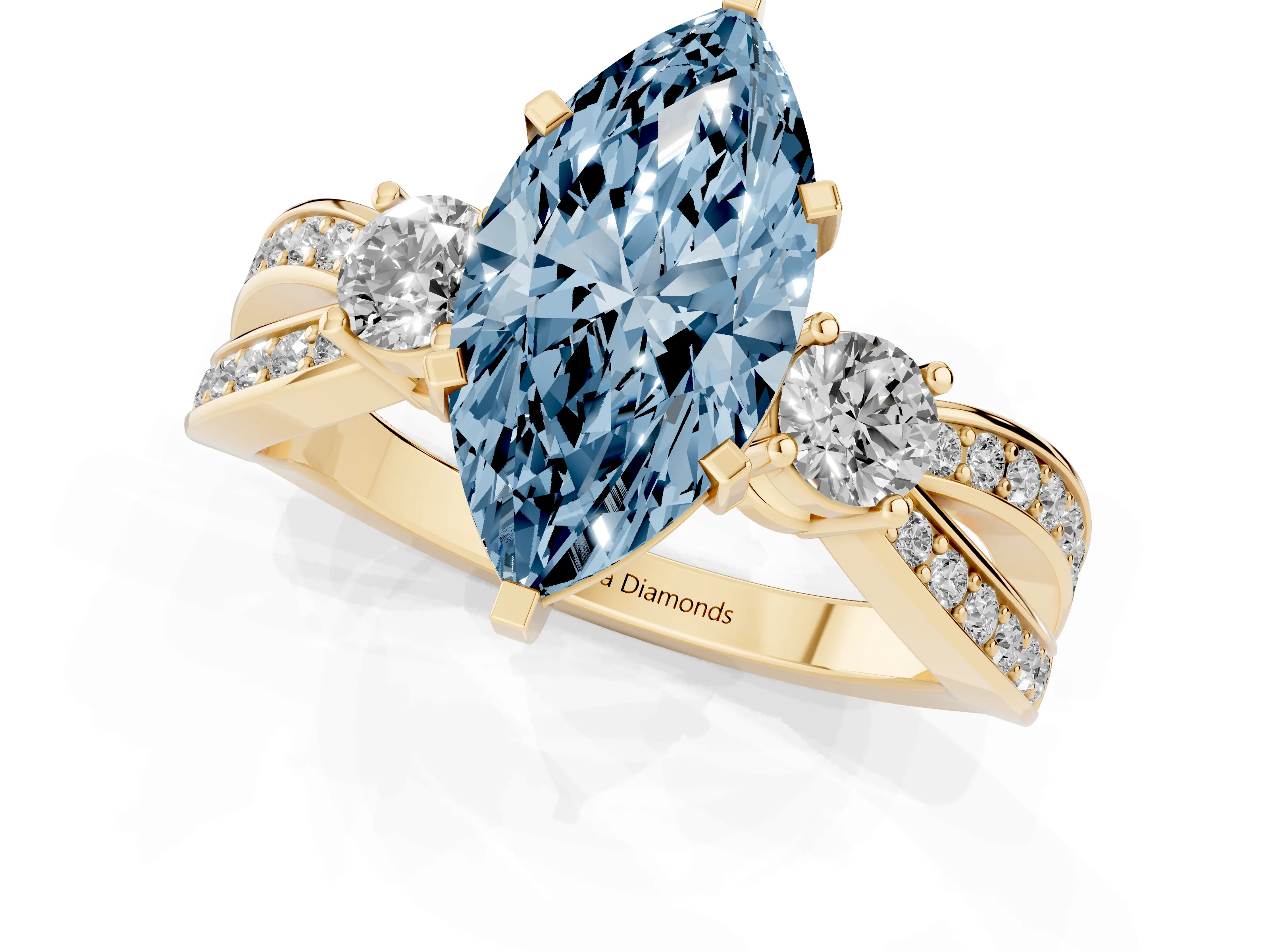 Fancy Blue Three-Stone Marquise Cut Diamond Twist Band Ring Set in Yellow gold with Pavé Accents and Prong Setting