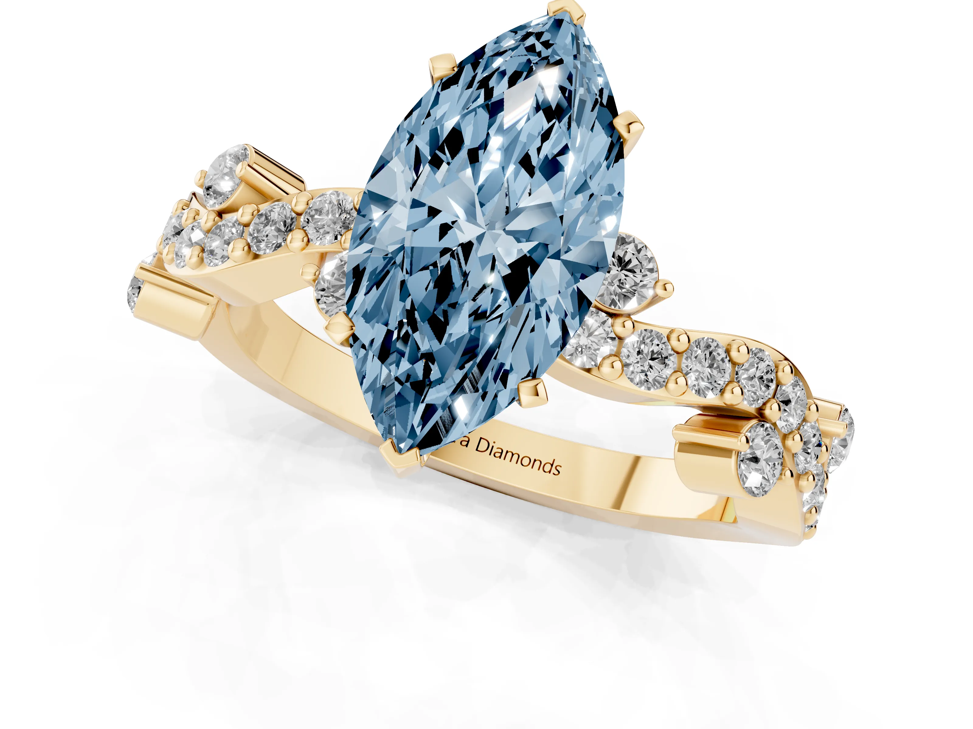 Fancy Blue Marquise Cut Diamond Solitaire Twisted Band Set in Yellow gold with Pavé Setting