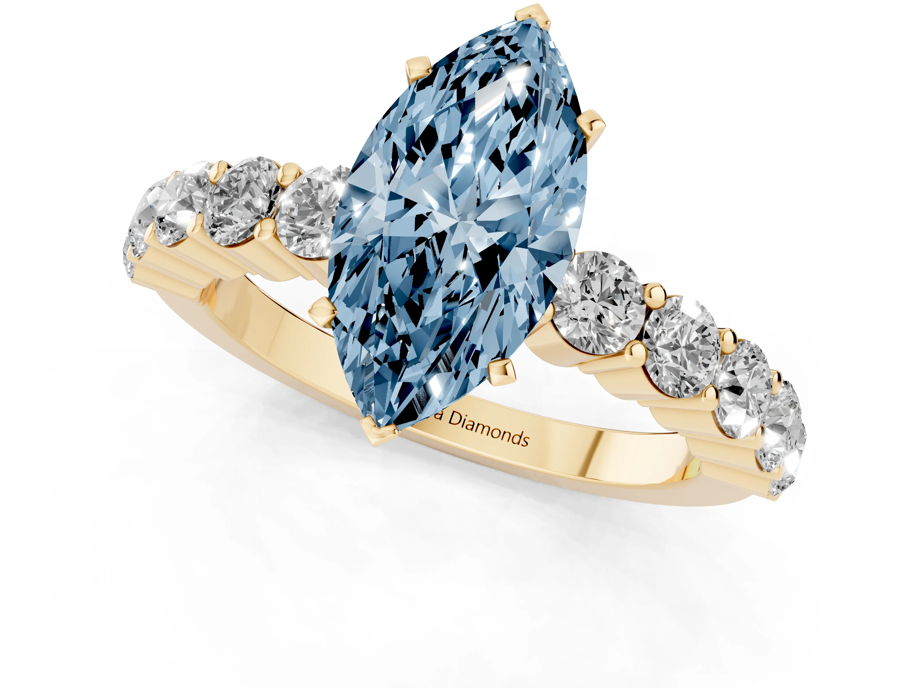 Fancy Blue Marquise Cut Diamond Solitaire Ring Set in Yellow gold with Shared Prong Round Side Stones