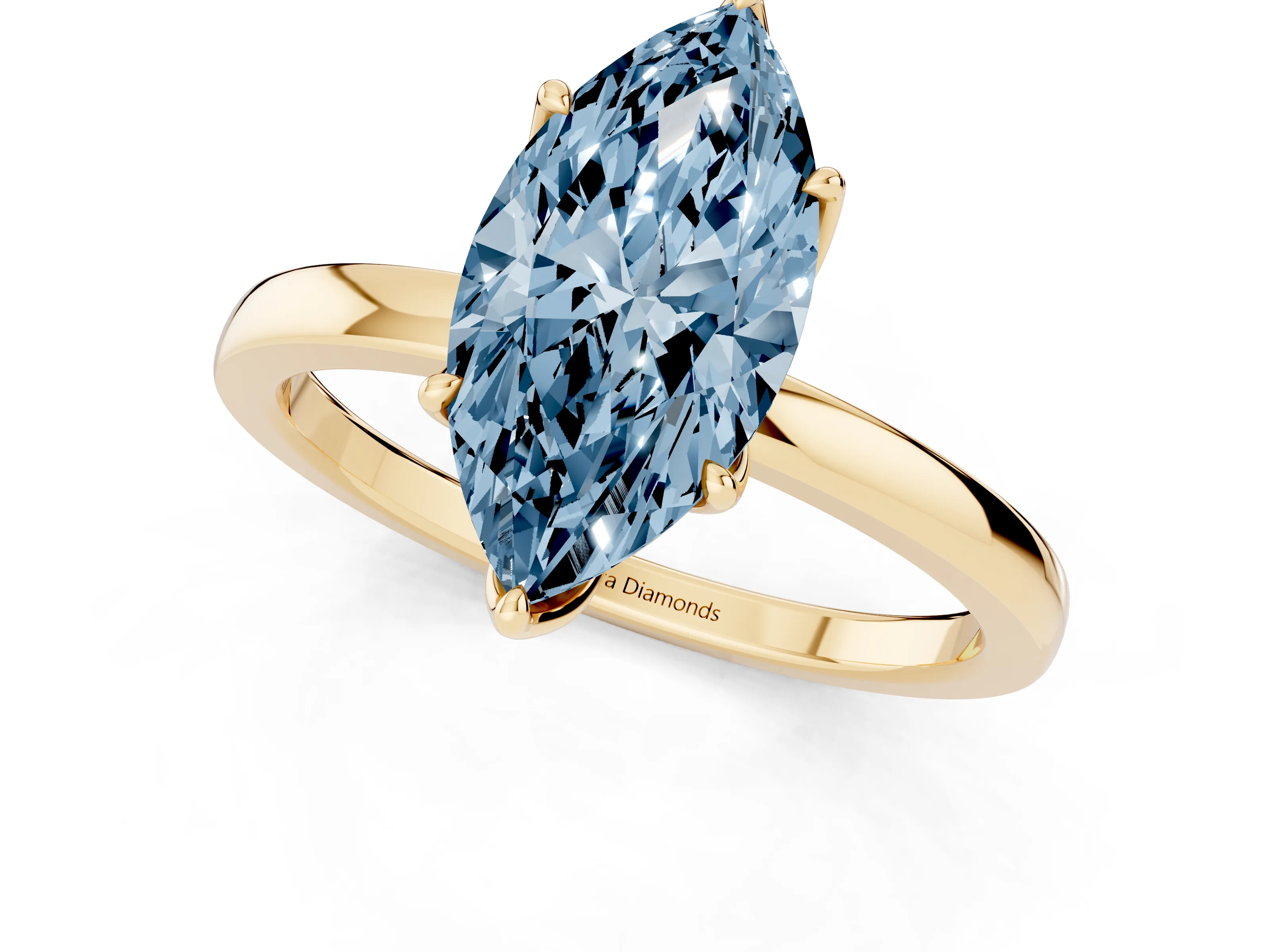 Fancy Blue Marquise Cut Diamond Solitaire Ring Set in Yellow gold with Prong Setting and Thin Polished Band