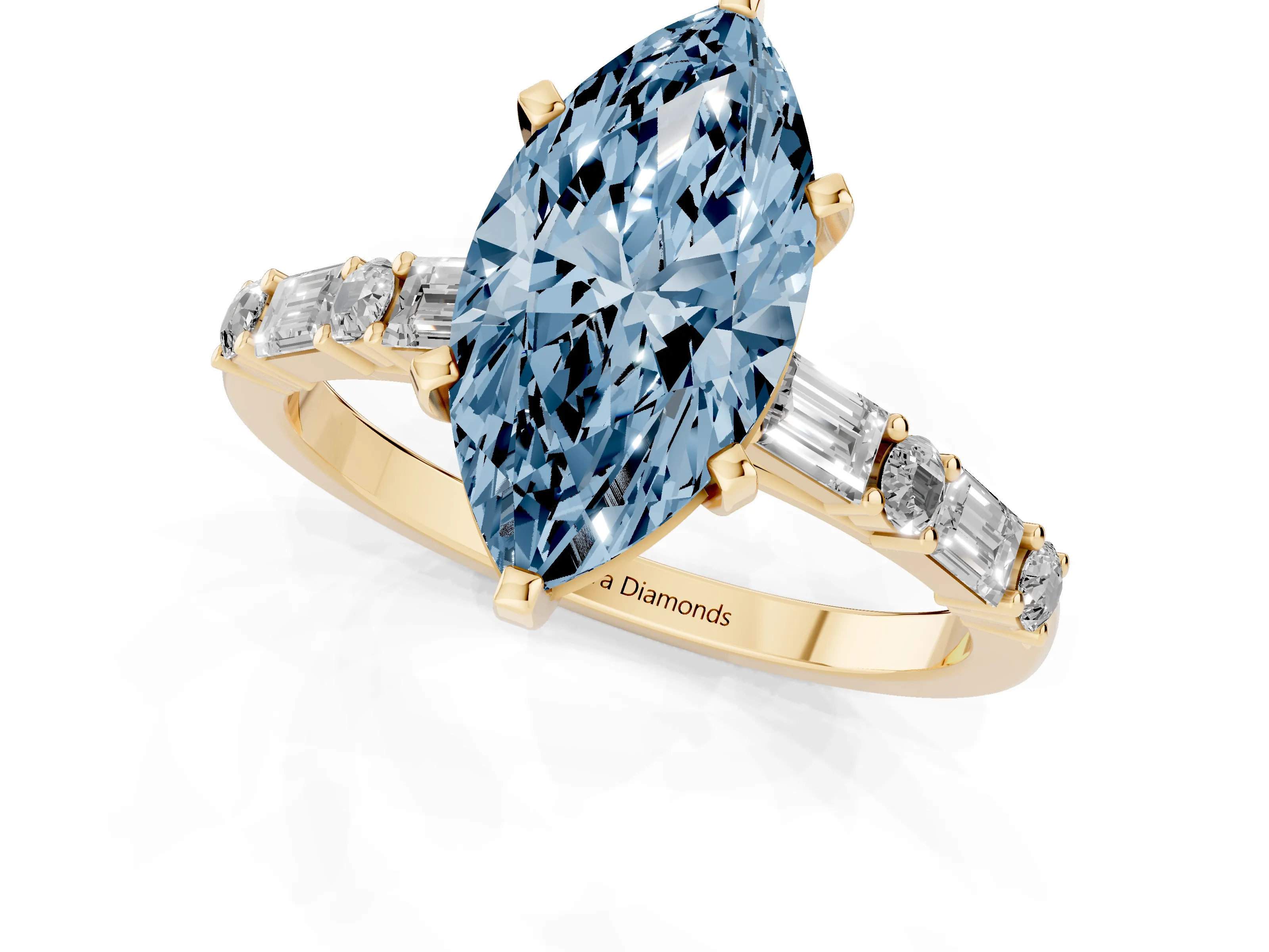 Fancy Blue Marquise Cut Diamond Solitaire Set in Yellow gold with Side Baguettes and Channel Set Band