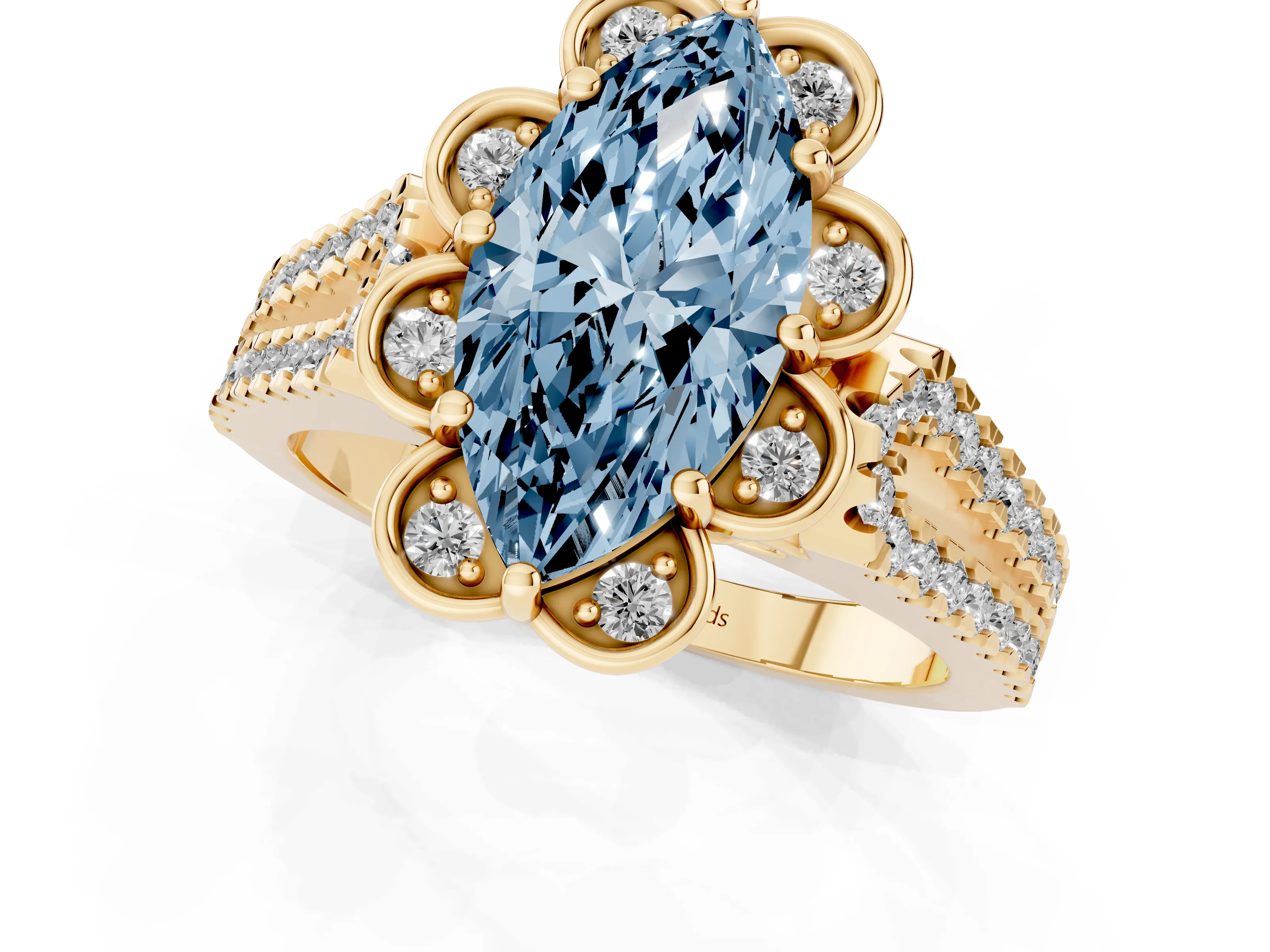 Fancy Blue Marquise Cut Diamond Floral Halo Split Shank Engagement Ring Set in Yellow gold with Pavé Shank