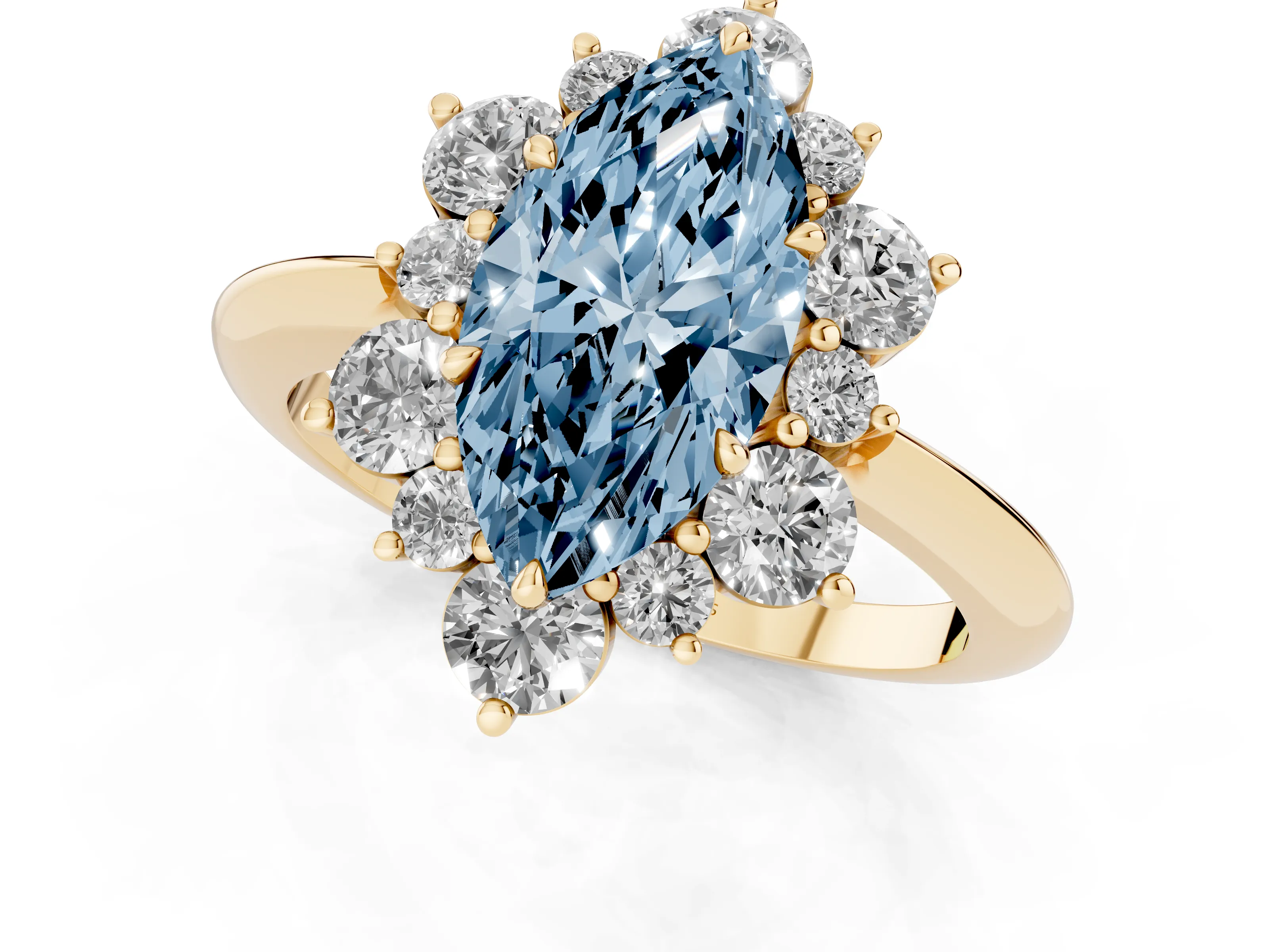 Fancy Blue Marquise Cut Diamond Cluster Halo Ring Set in Yellow gold with Solitaire Band and Prong Setting