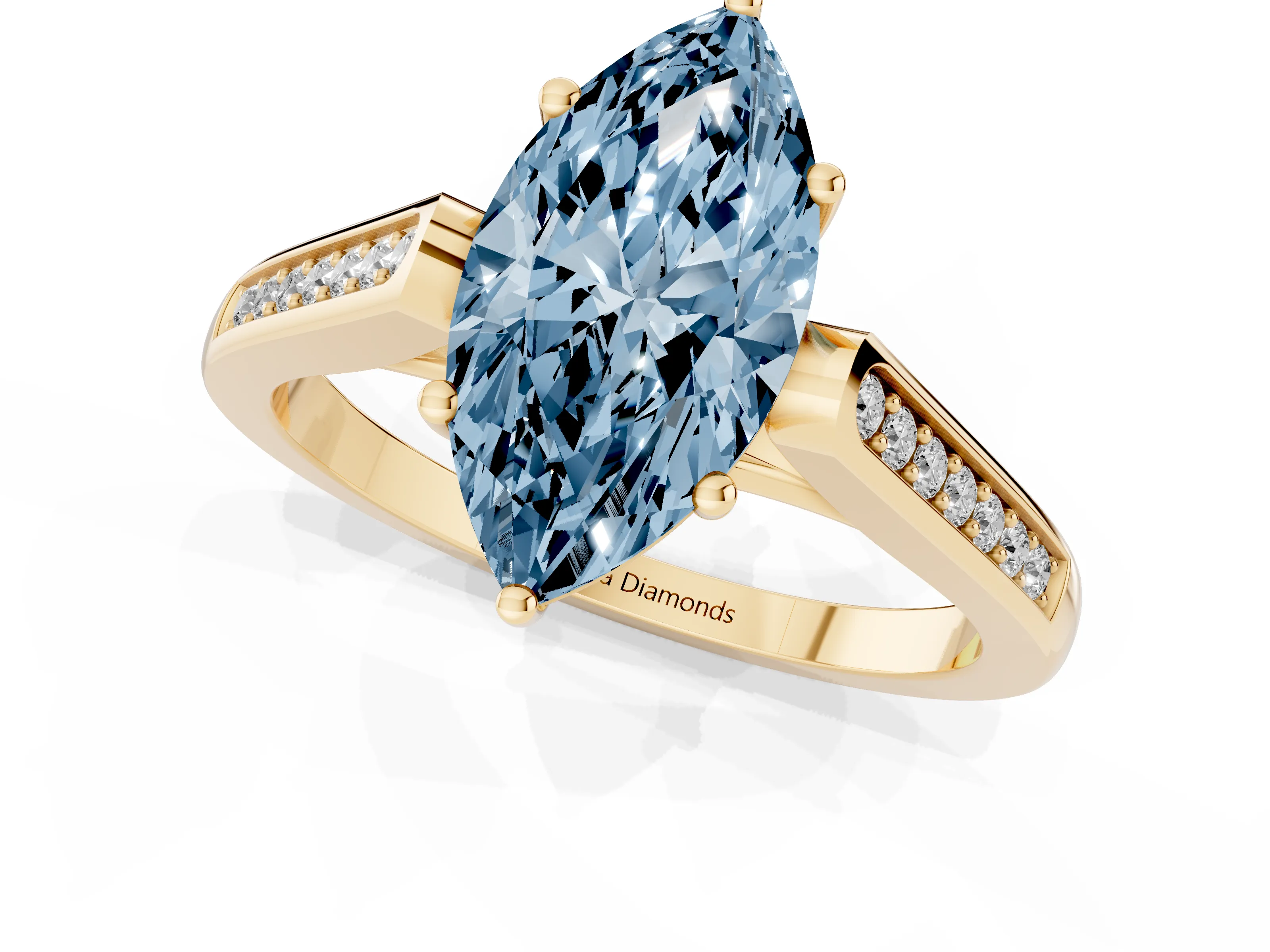 Fancy Blue Marquise Cut Diamond Solitaire Cathedral Engagement Ring Set in Yellow gold with Channel-Set Band and Prong Setting