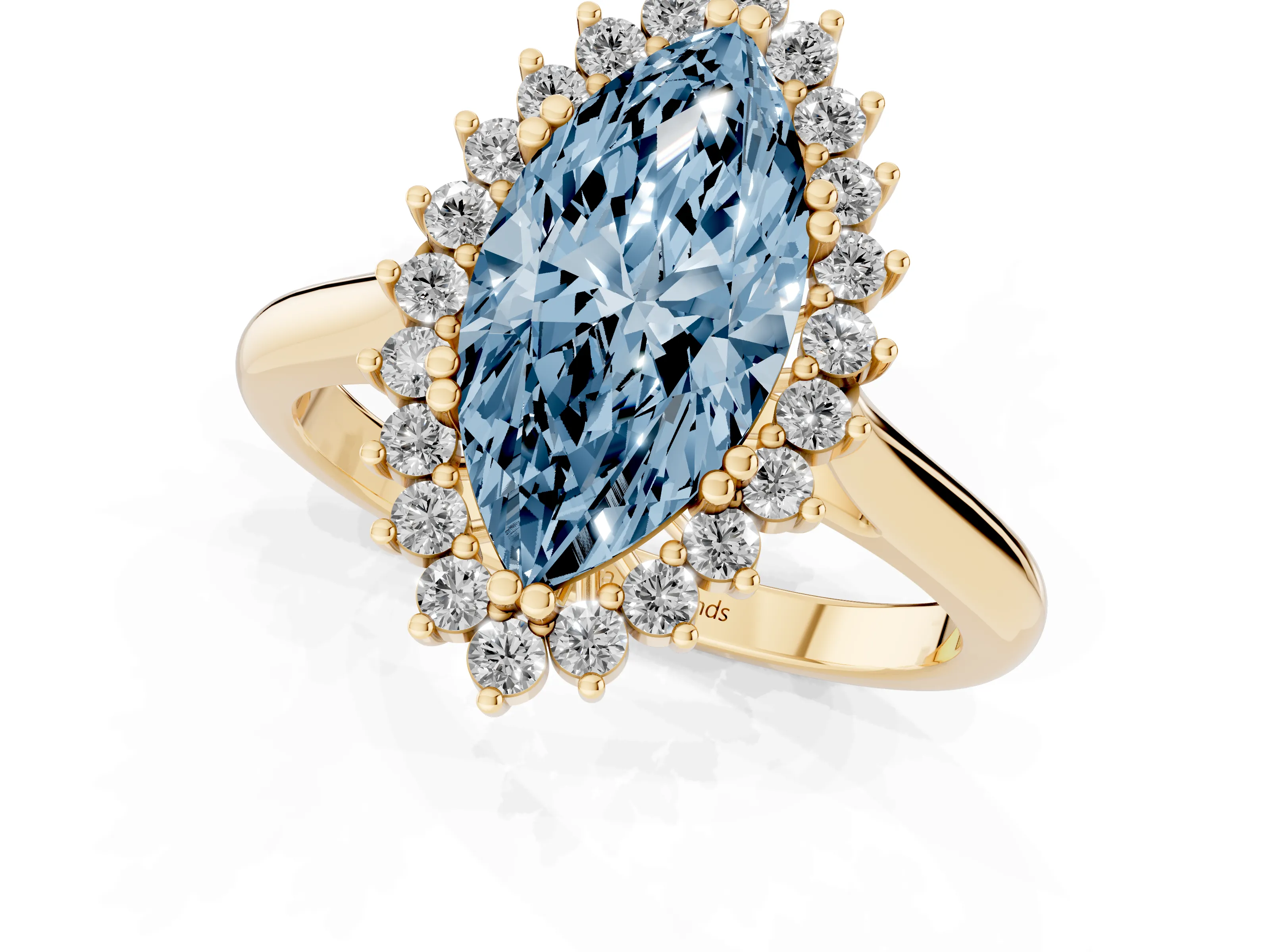 Fancy Blue Marquise Cut Diamond Halo Ring Set in Yellow gold with Plain Solitaire Band and Prong Setting