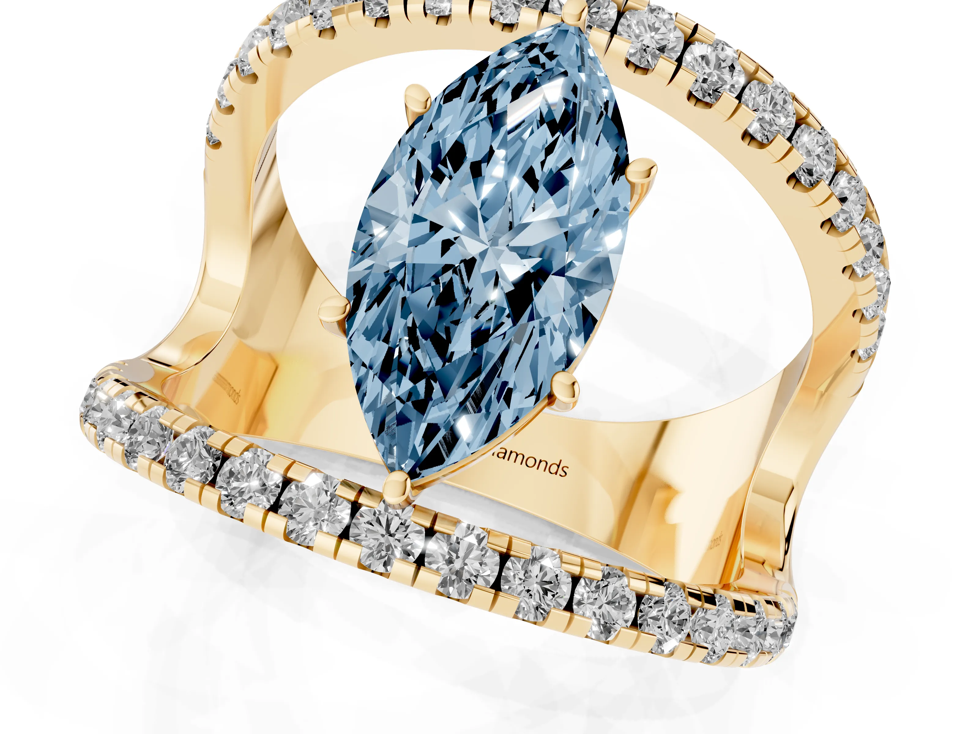 Fancy Blue Marquise Cut Diamond Split Shank Pavé Solitaire Ring Set in Yellow gold with Open Shank Design