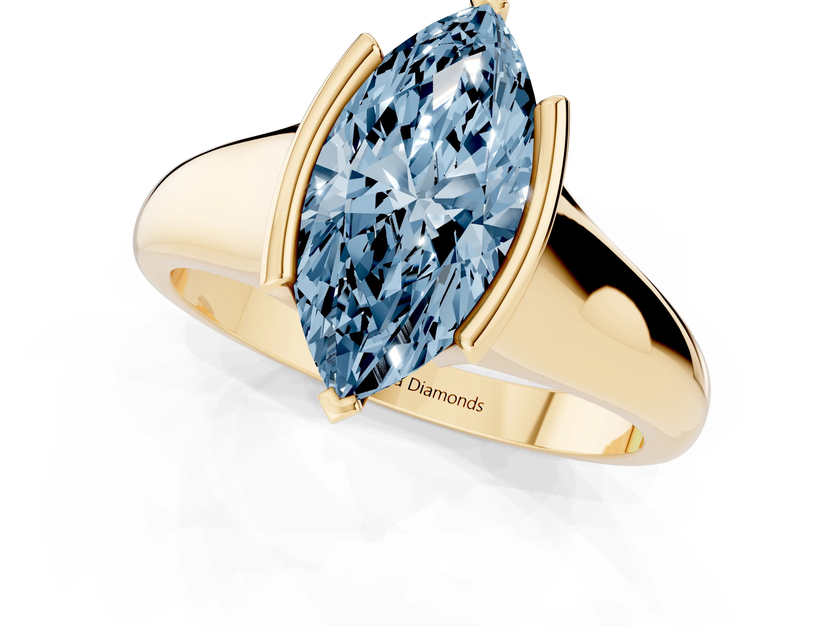 Fancy Blue Marquise Cut Diamond Solitaire Tension Set Ring Set in Yellow gold with Split Shank Band