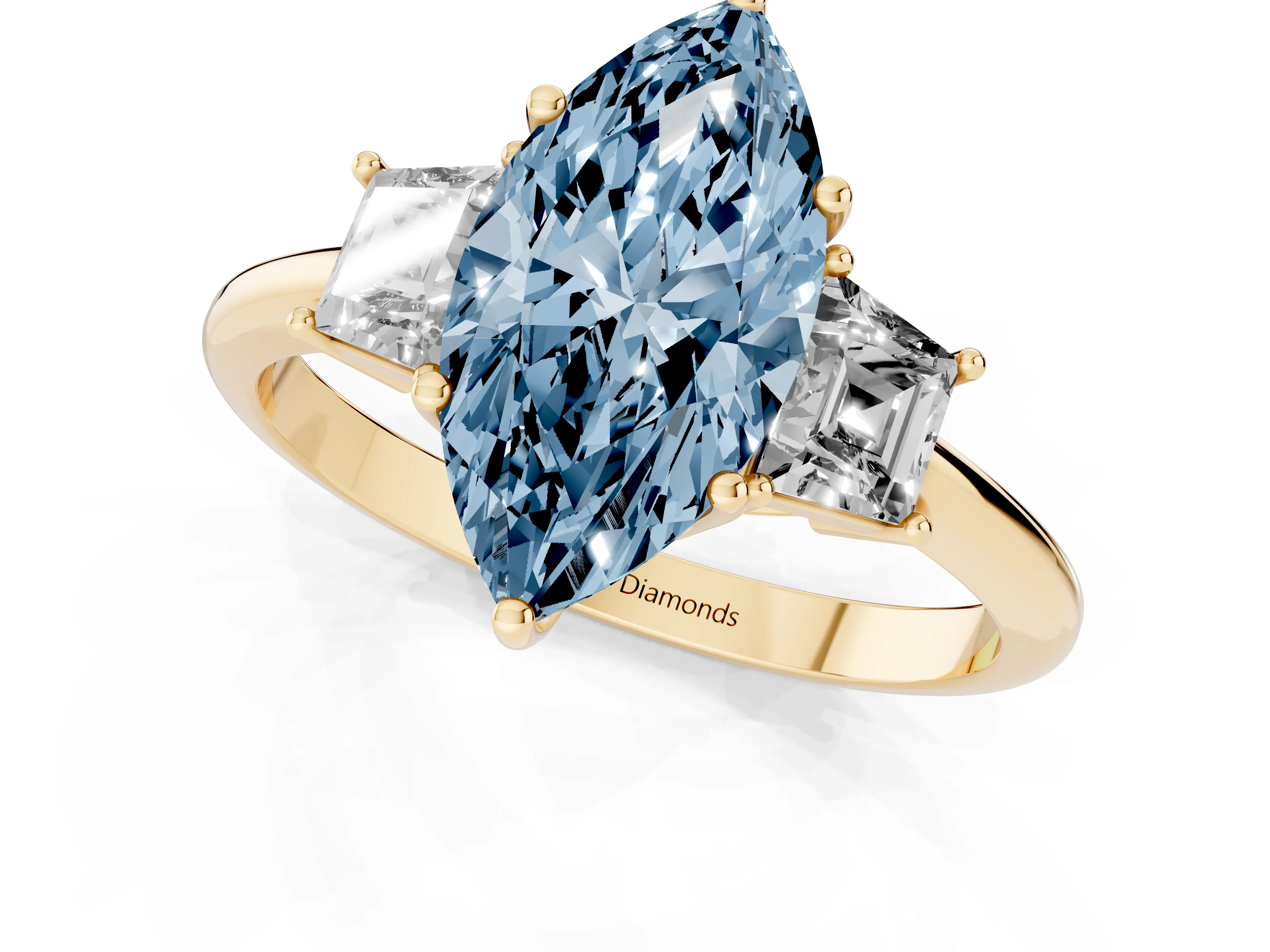 Fancy Blue Marquise Cut Diamond Three-Stone Ring Set in Yellow gold with Trapezoid Side Stones and Prong Setting