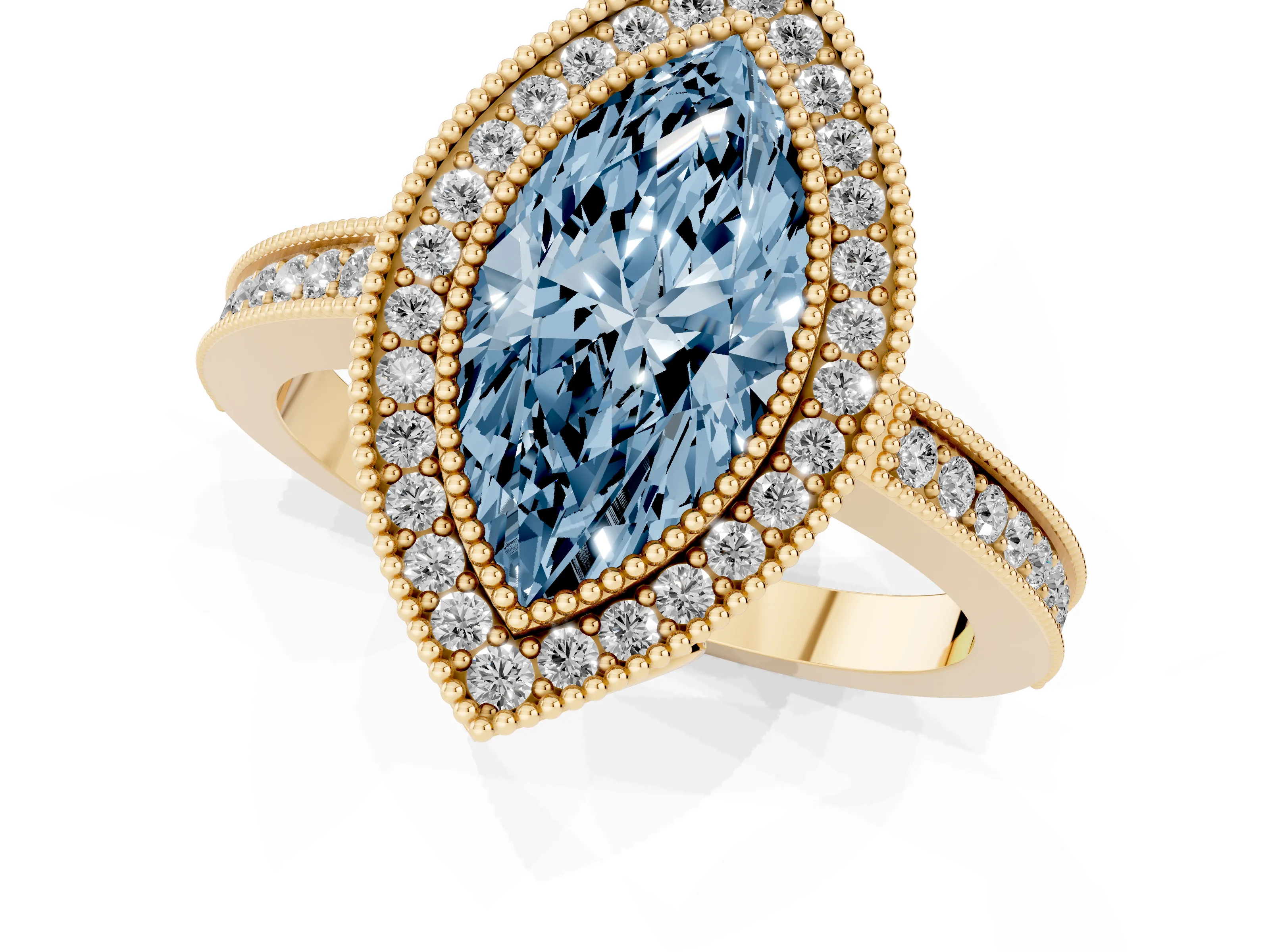 Fancy Blue Marquise Cut Diamond Halo Ring Set in Yellow gold with Pavé Band and Milgrain-Edged Prongs