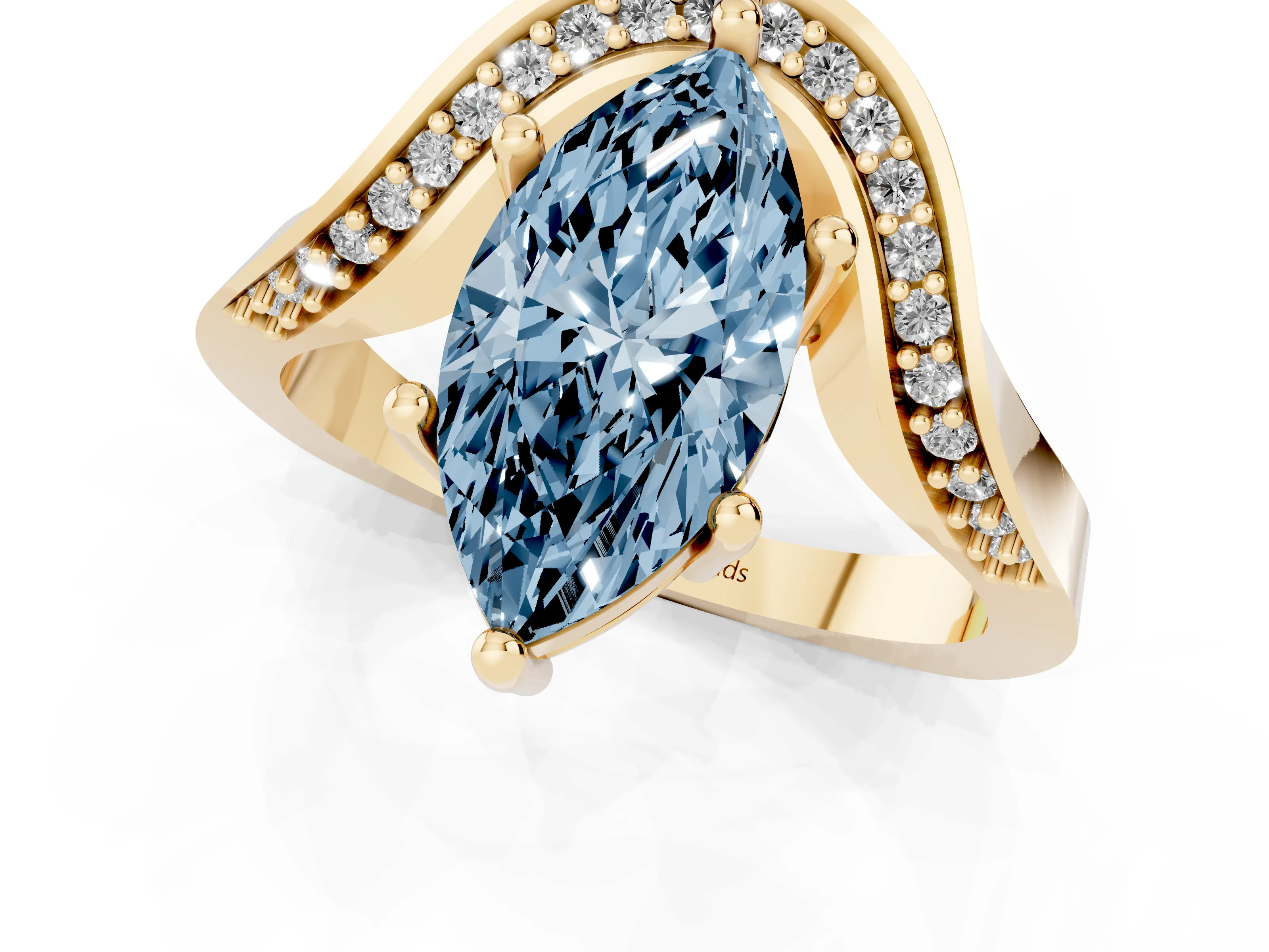 Fancy Blue Marquise Cut Diamond Solitaire Engagement Ring Set in Yellow gold with Pavé Shoulders