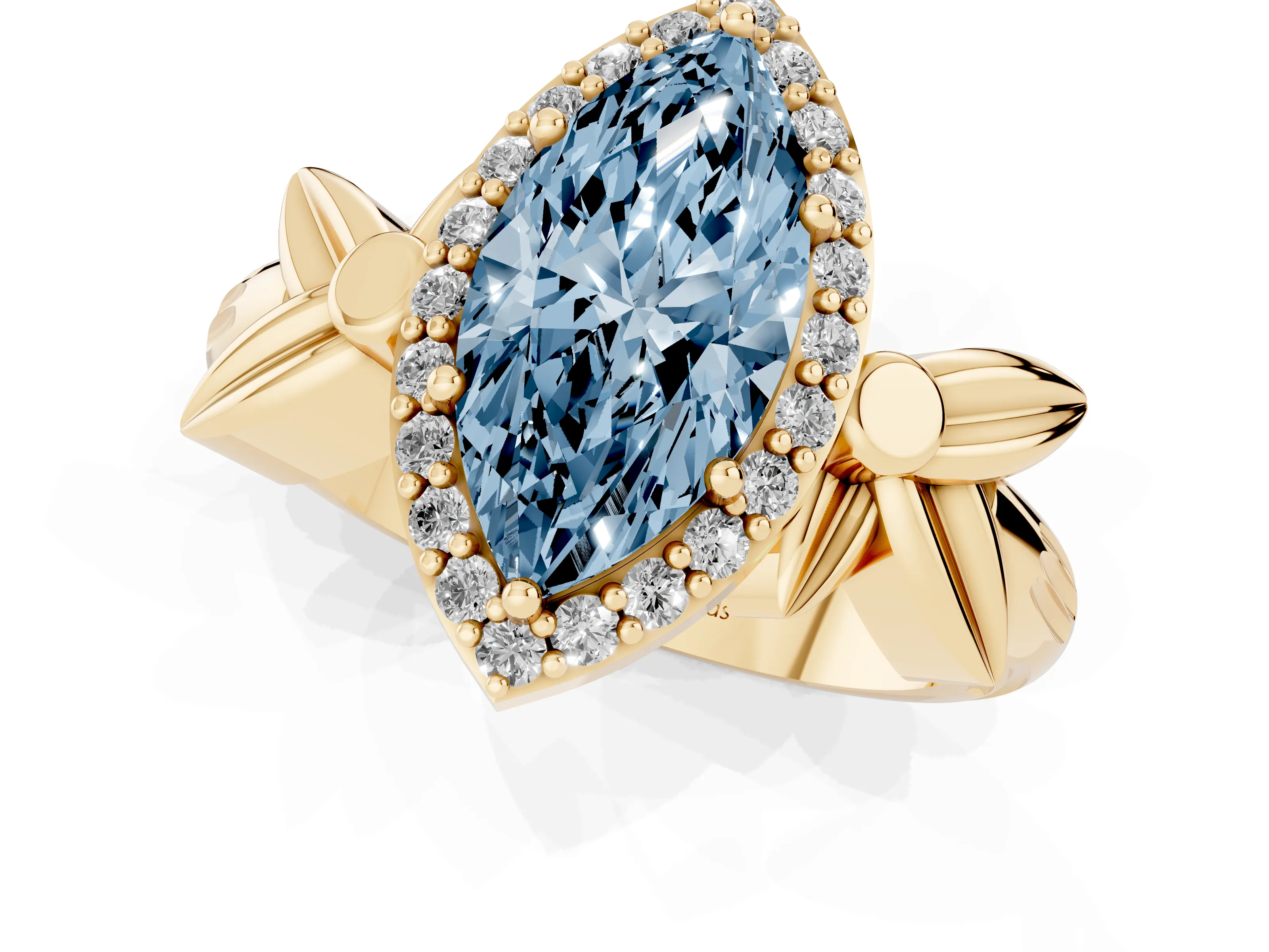 Fancy Blue Marquise Cut Diamond Halo Floral Band Ring Set in Yellow gold with Prong Setting