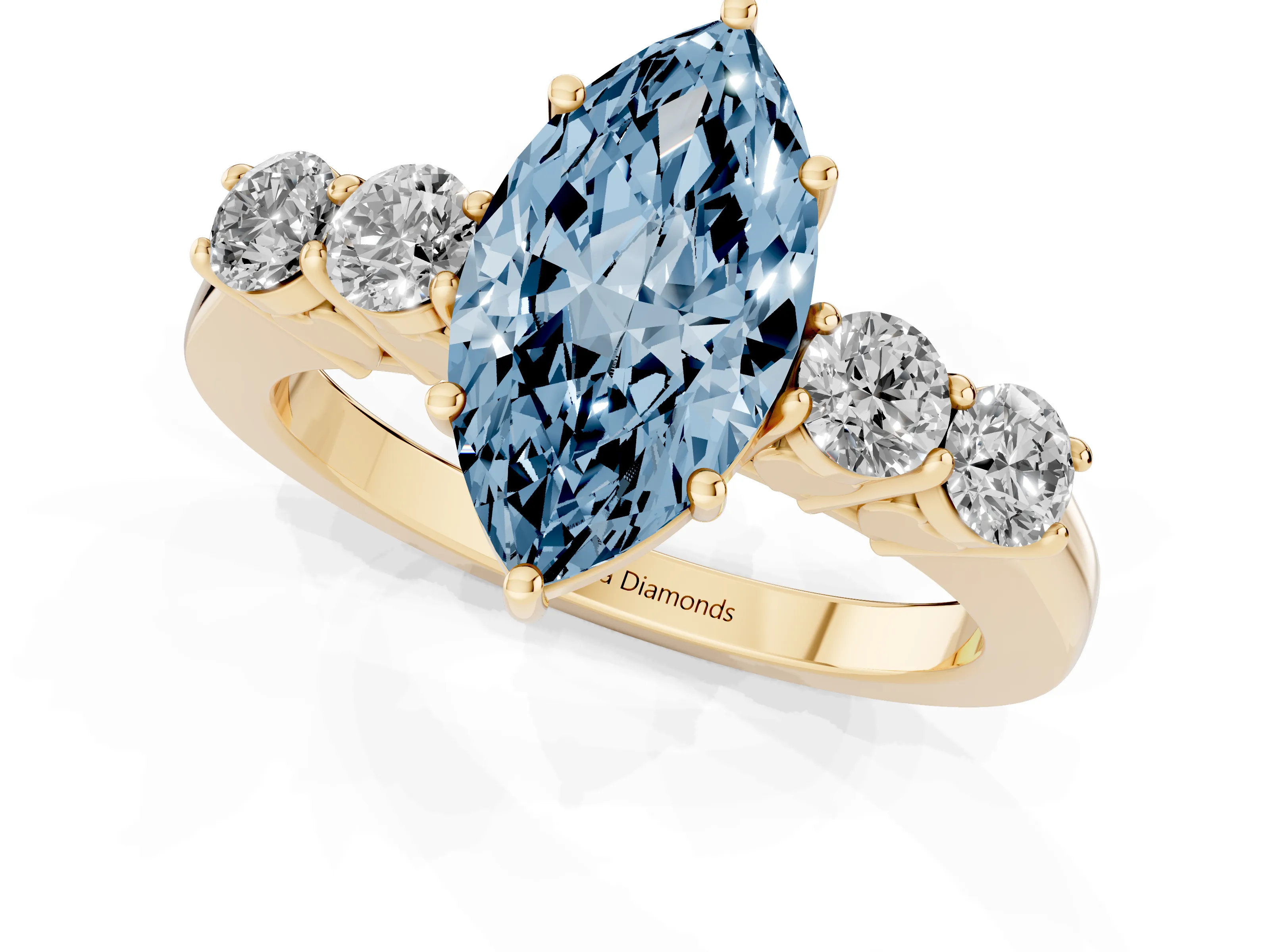 Fancy Blue Marquise Cut Diamond Five-Stone Prong Set Band Ring Set in Yellow gold with Polished Band