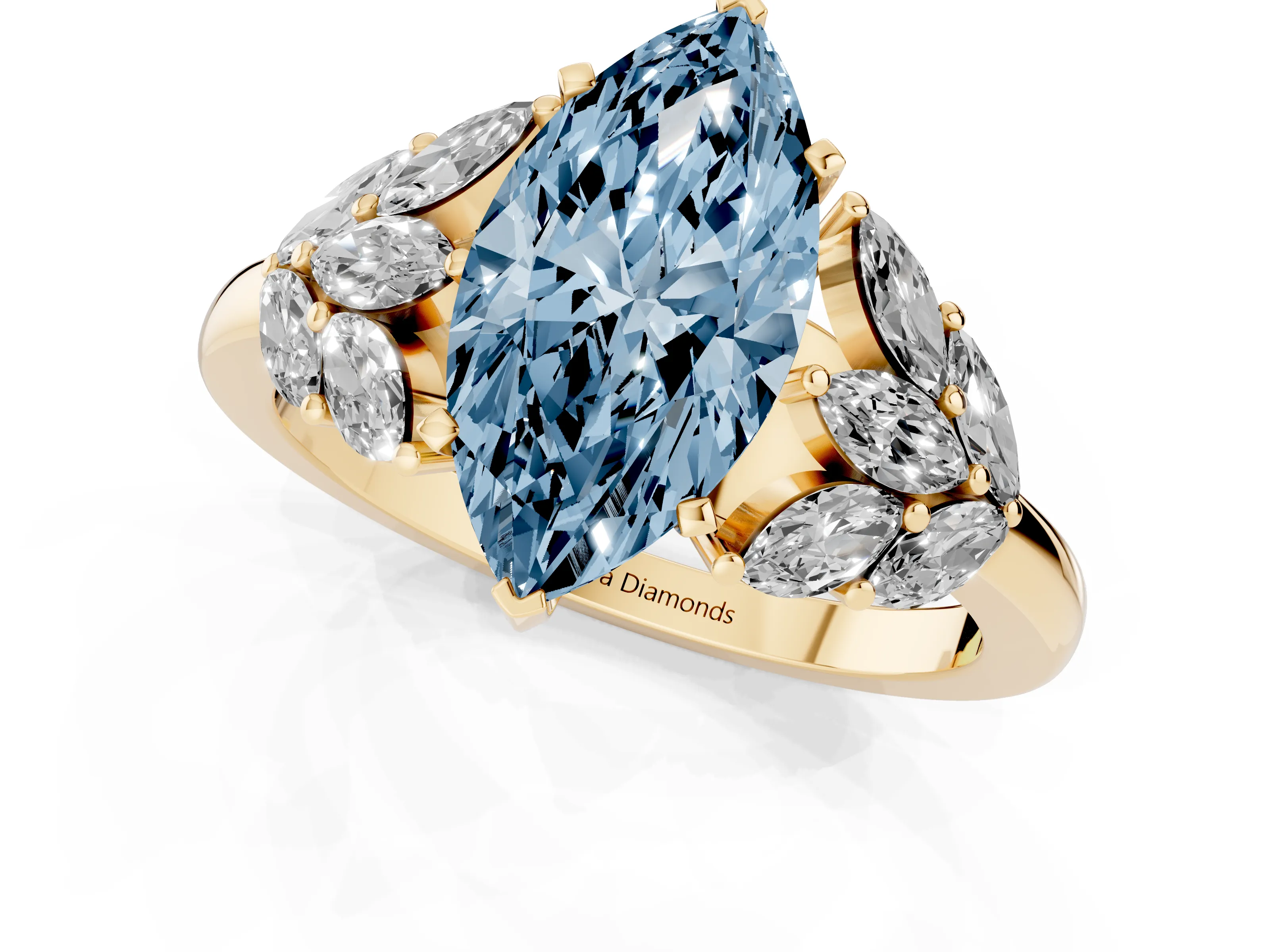 Fancy Blue Marquise Cut Diamond Cluster Leaf Design Ring Set in Yellow gold with Prong Setting
