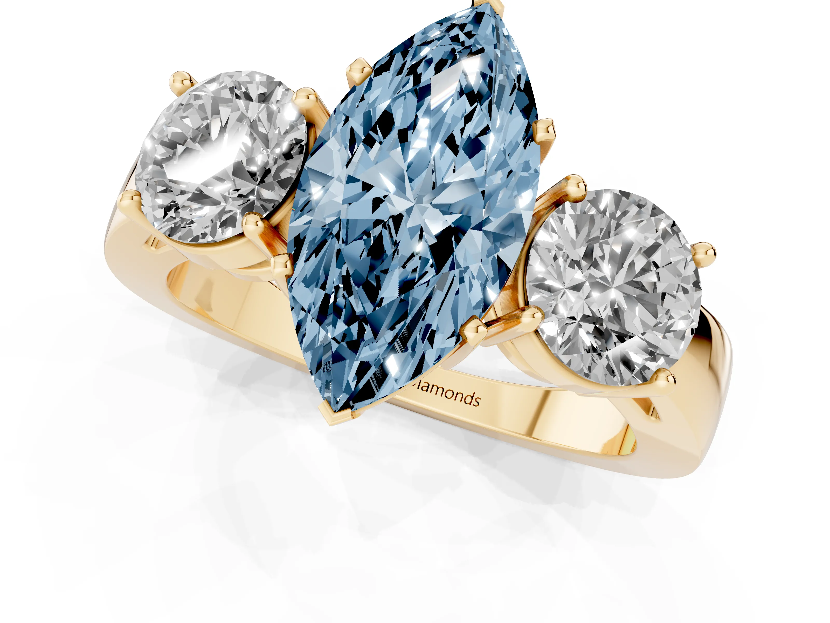 Fancy Blue Marquise Cut Diamond Three-Stone Ring Set in Yellow gold with Round Side Stones and Classic Band