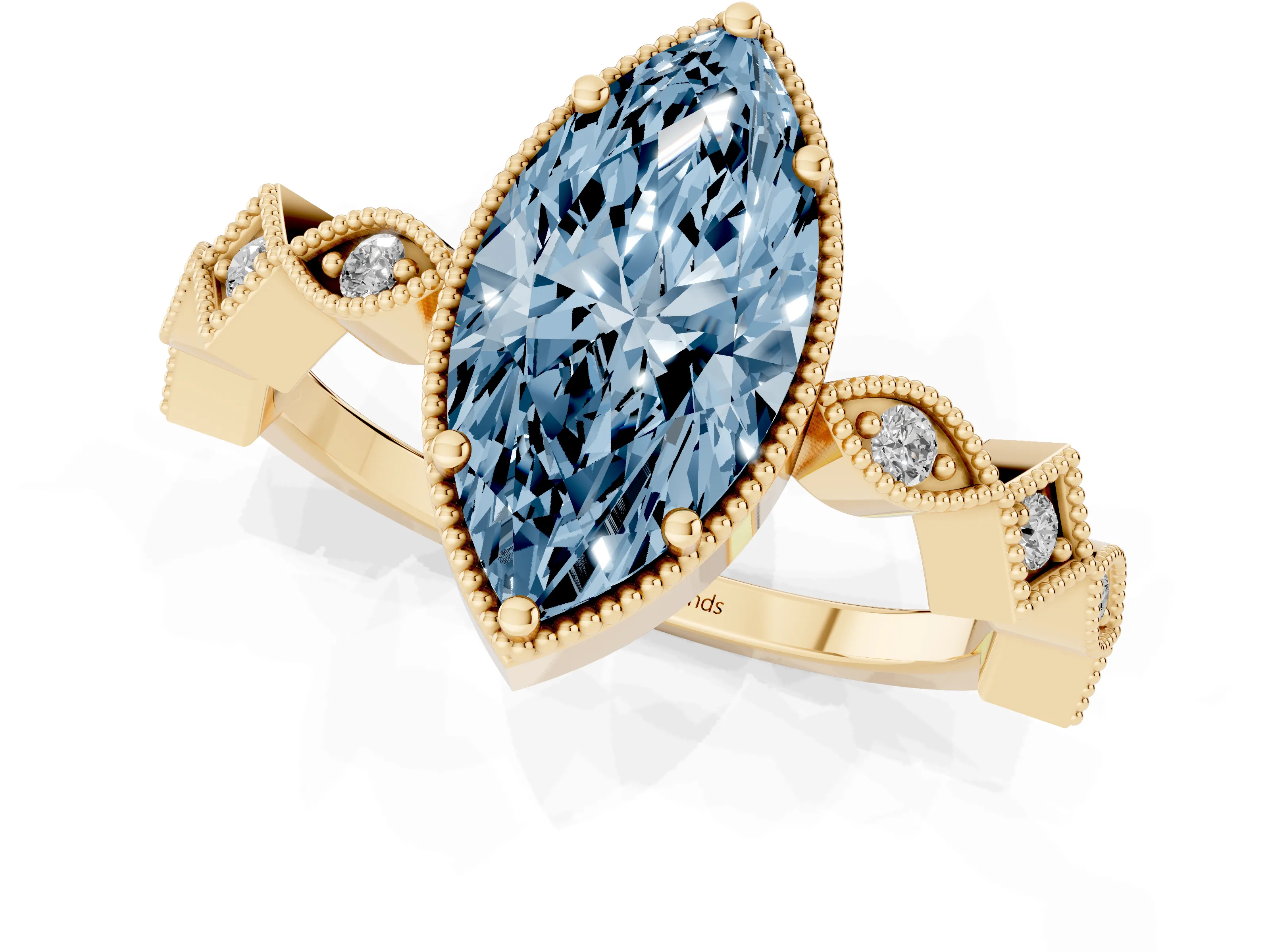 Fancy Blue Marquise Cut Diamond Milgrain Marquise Twist Band Ring Set in Yellow gold with Prong Setting
