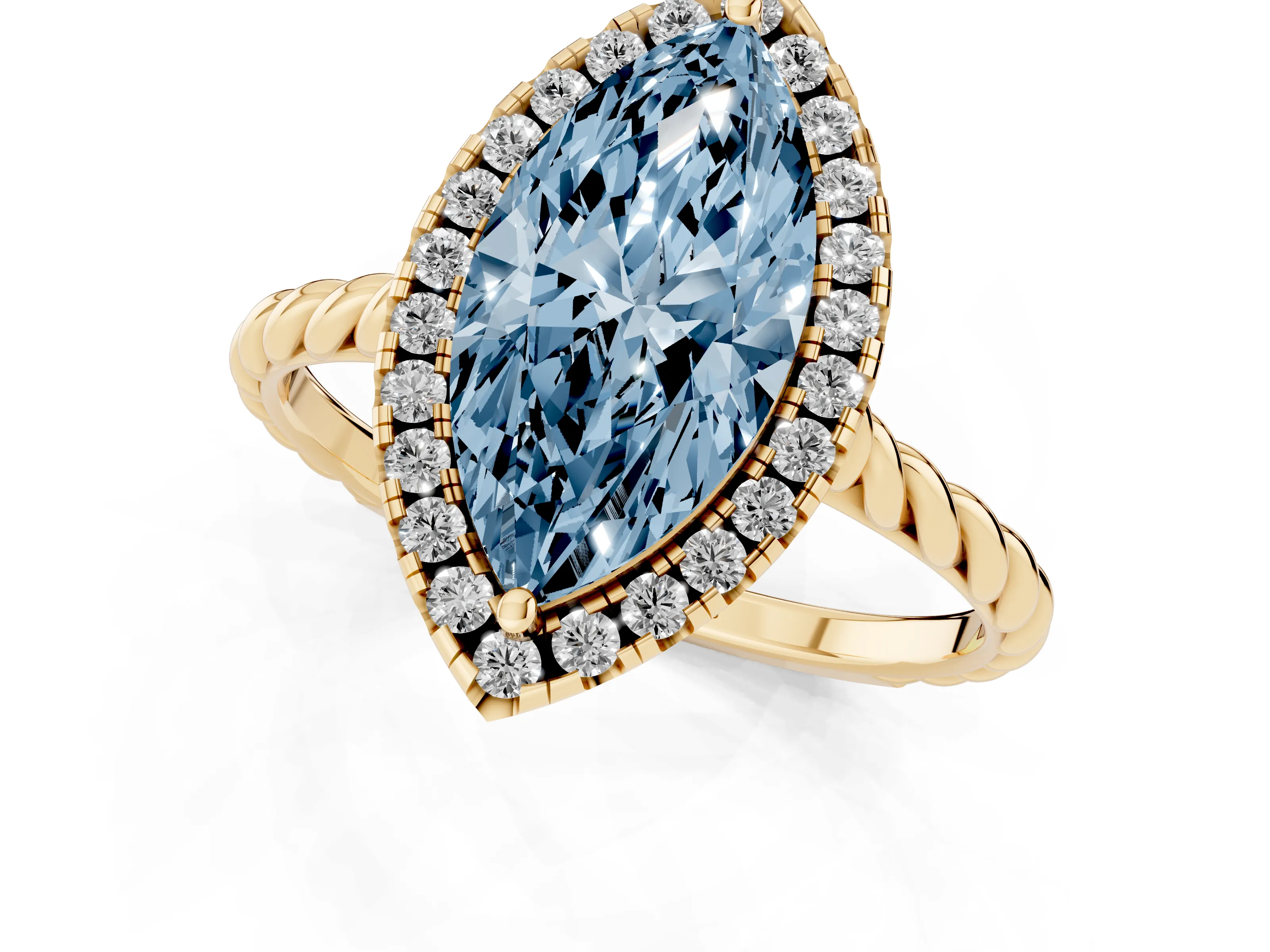 Fancy Blue Marquise Cut Diamond Halo Ring Set in Yellow gold with Plain Twisted Band