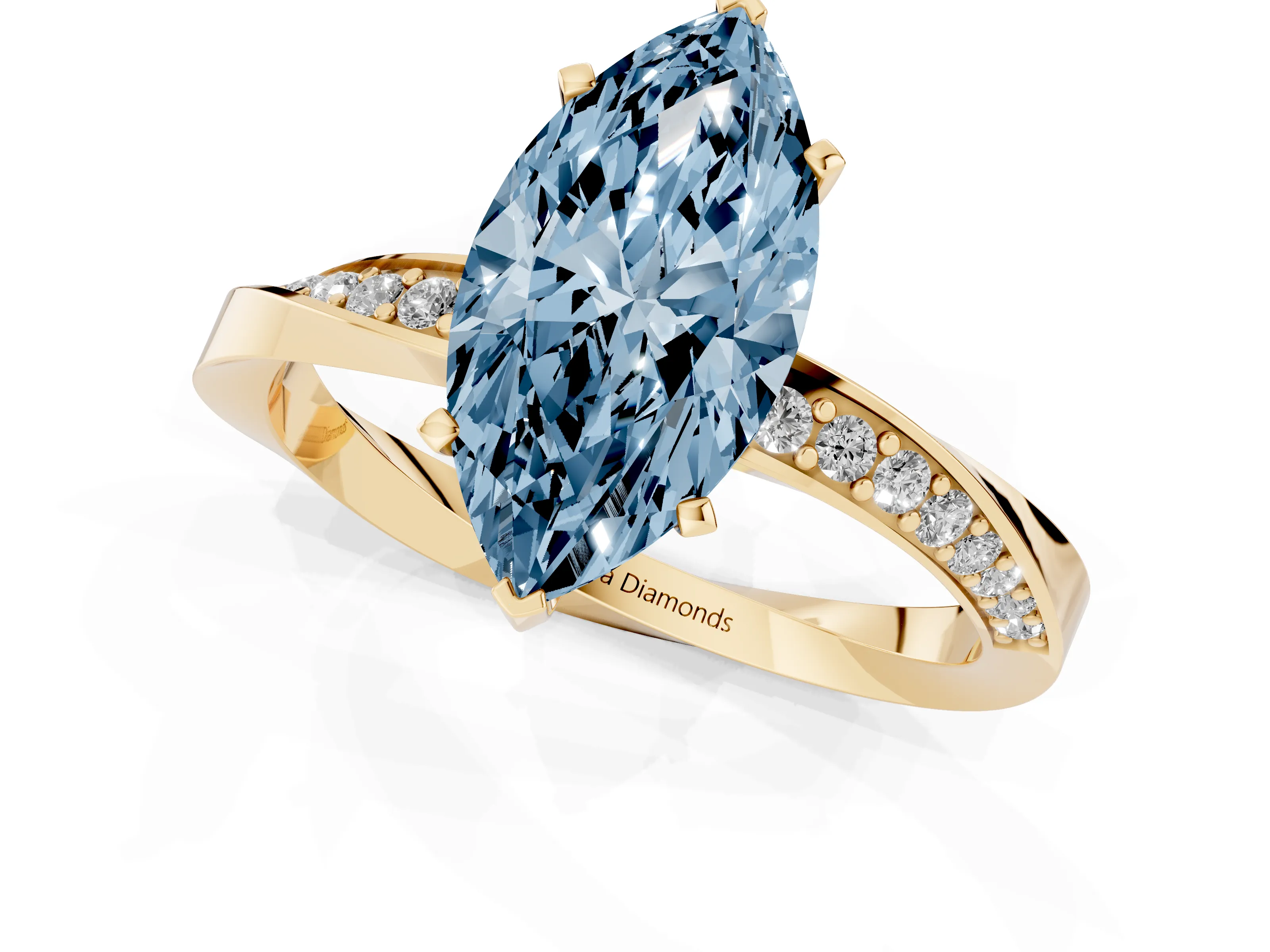 Fancy Blue Marquise Cut Diamond Engagement Ring Set in Yellow gold with Side Stone Accents and Prong Setting