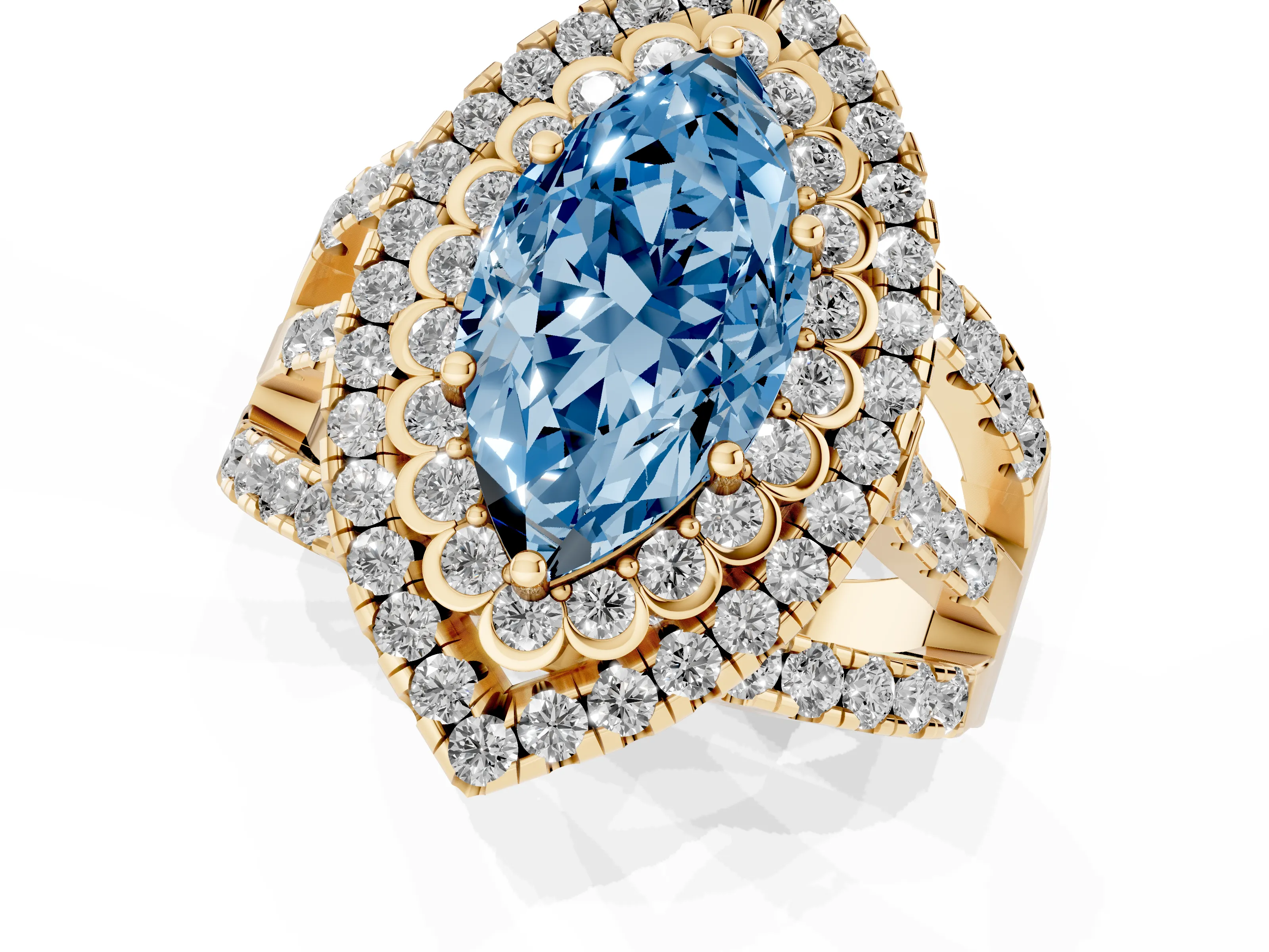 Fancy Blue Marquise Cut Diamond Double Halo Ring Set in Yellow gold with Round Pavé Split Shank