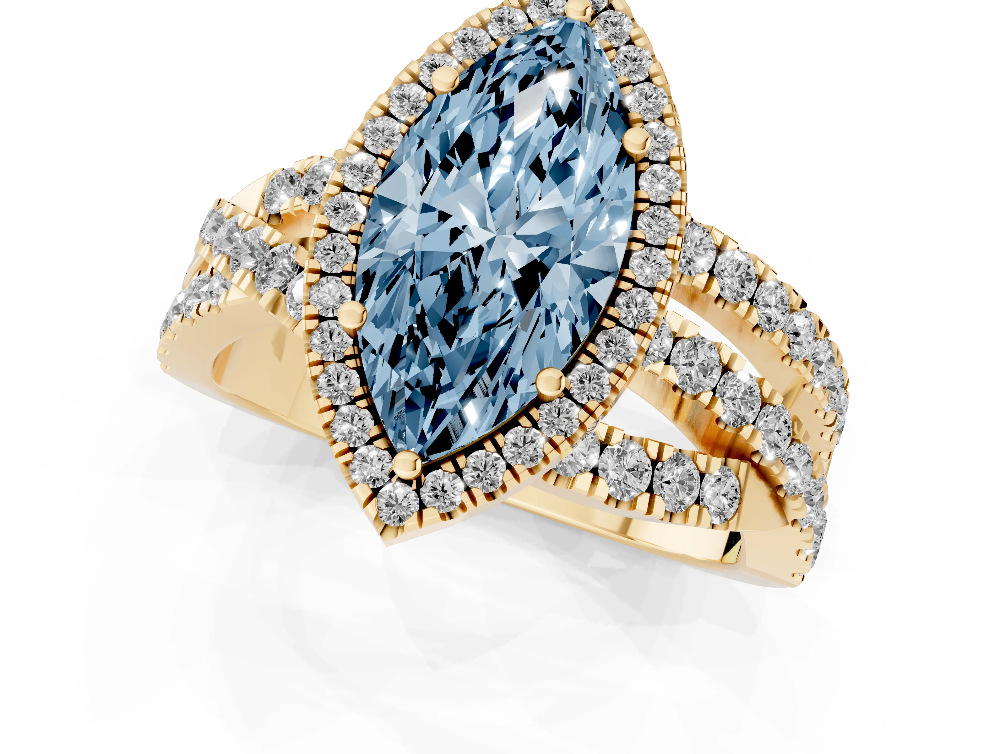 Fancy Blue Marquise Cut Diamond Halo Ring Set in Yellow gold with Round Crossover Split Shank and Prong Setting