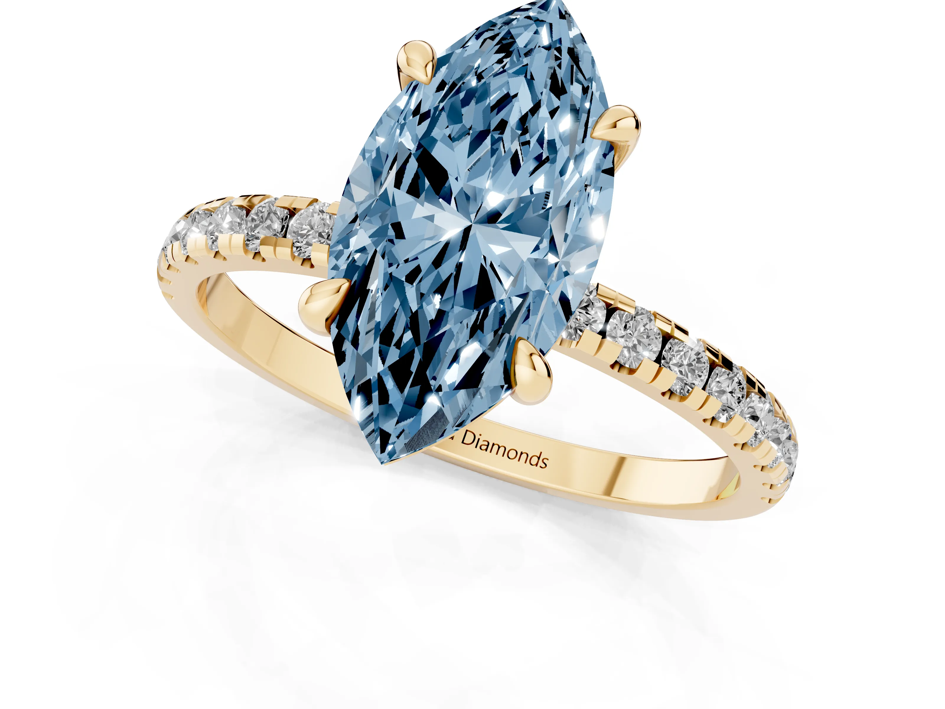 Fancy Blue Marquise Cut Diamond Brilliant Solitaire Ring Set in Yellow gold with Pavé Band and Prong Setting