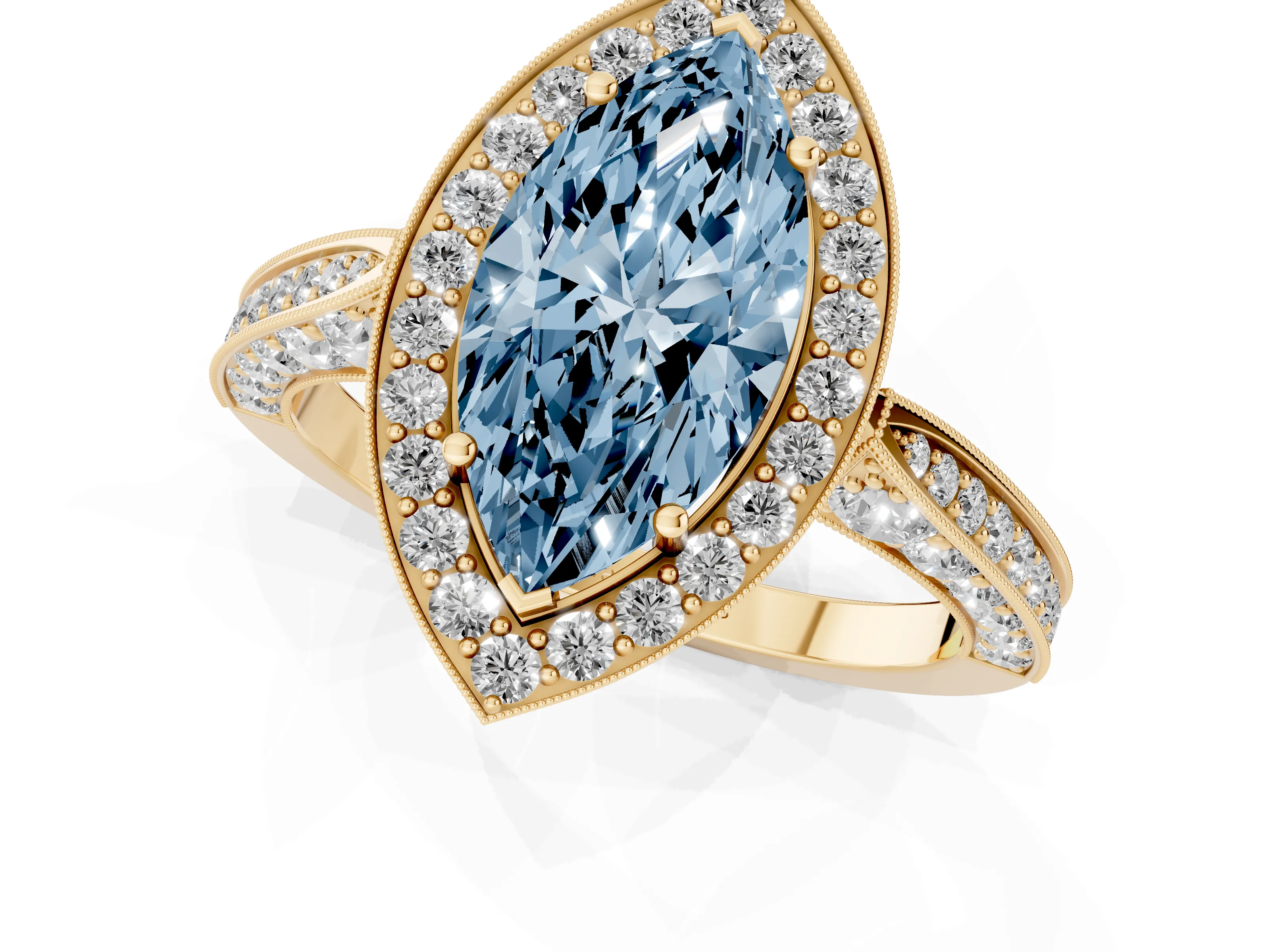 Fancy Blue Marquise Cut Diamond Halo Engagement Ring Set in Yellow gold with Accent Split Shank Band