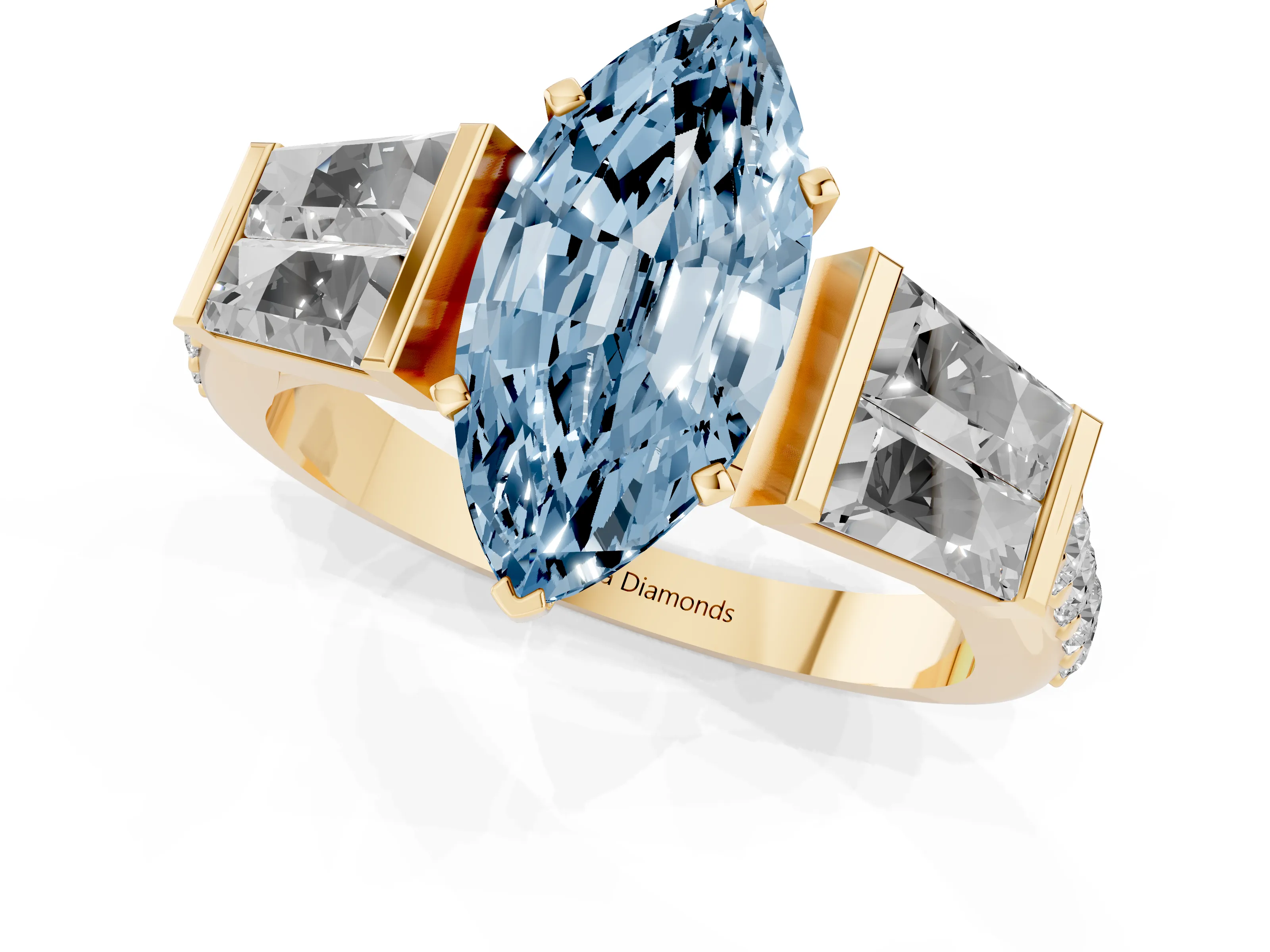 Fancy Blue Marquise Cut Diamond Engagement Ring Set in Yellow gold with Baguette Side Stones and Channel Set Band
