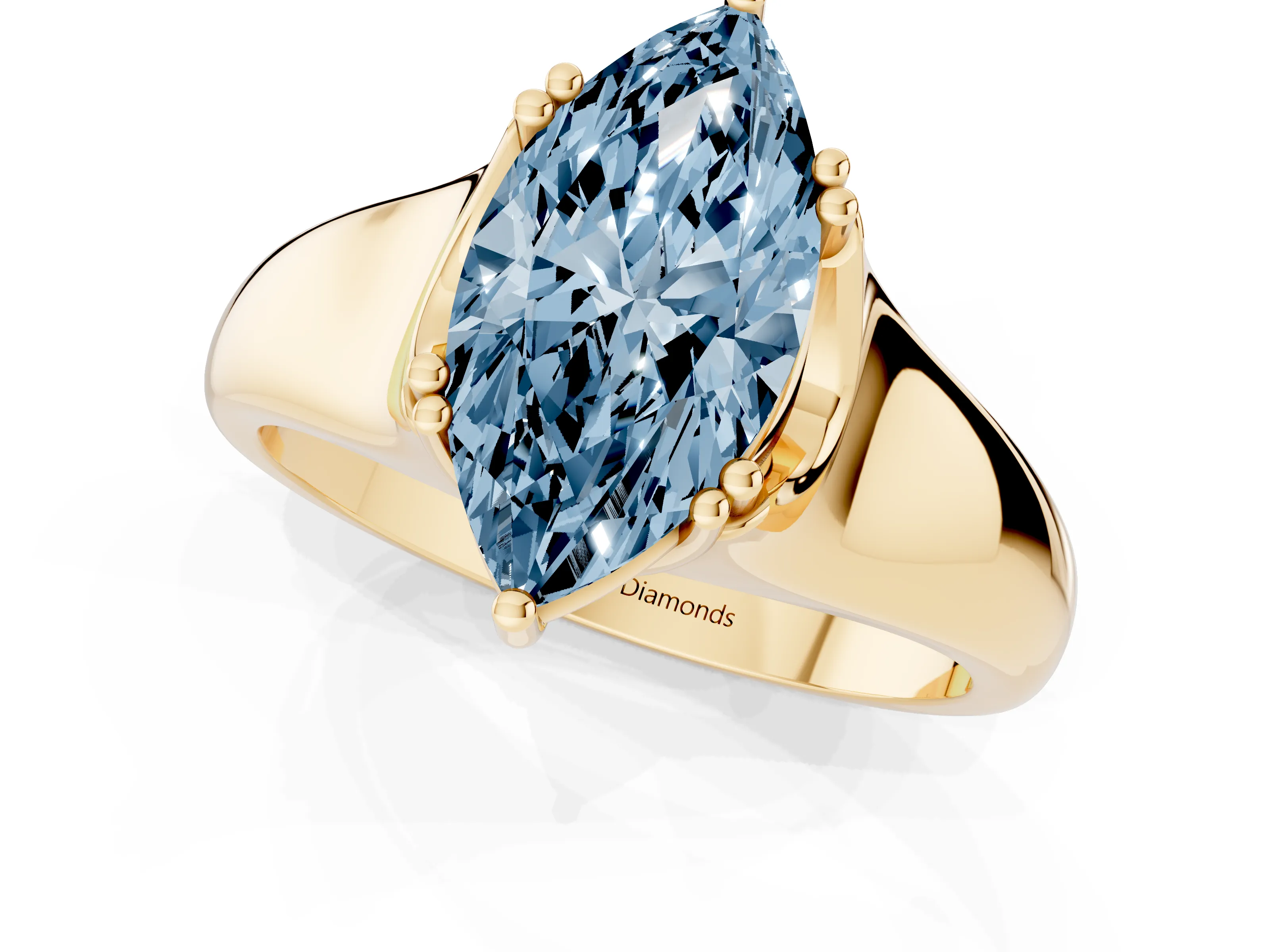 Fancy Blue Marquise Cut Diamond Solitaire Ring Set in Yellow gold with Wide Band and Prong Setting