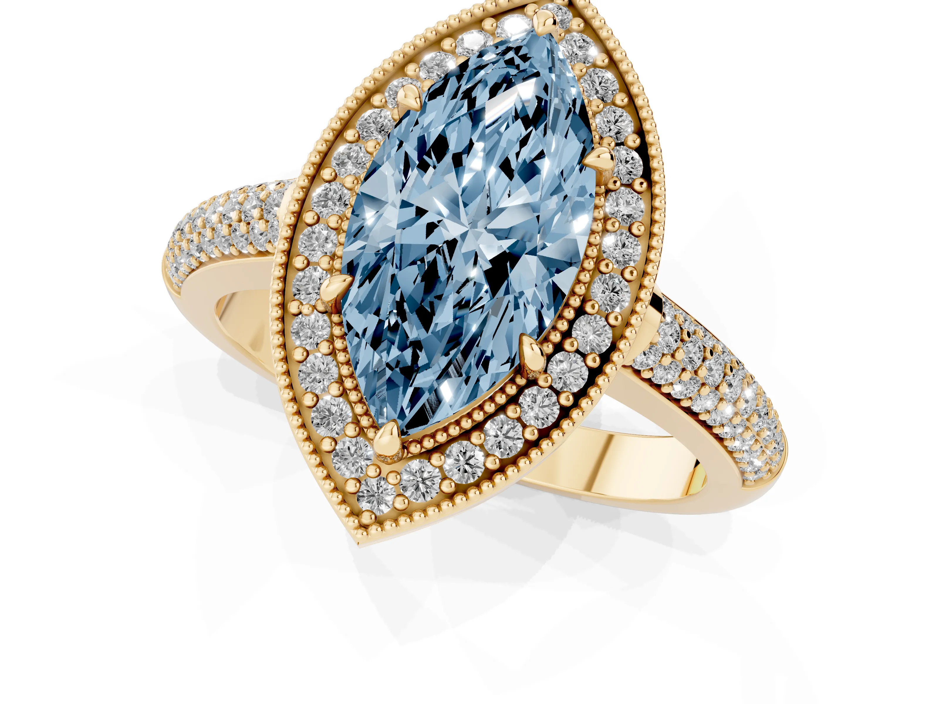 Fancy Blue Marquise Cut Diamond Halo Pavé Band Set in Yellow gold with Prong Setting